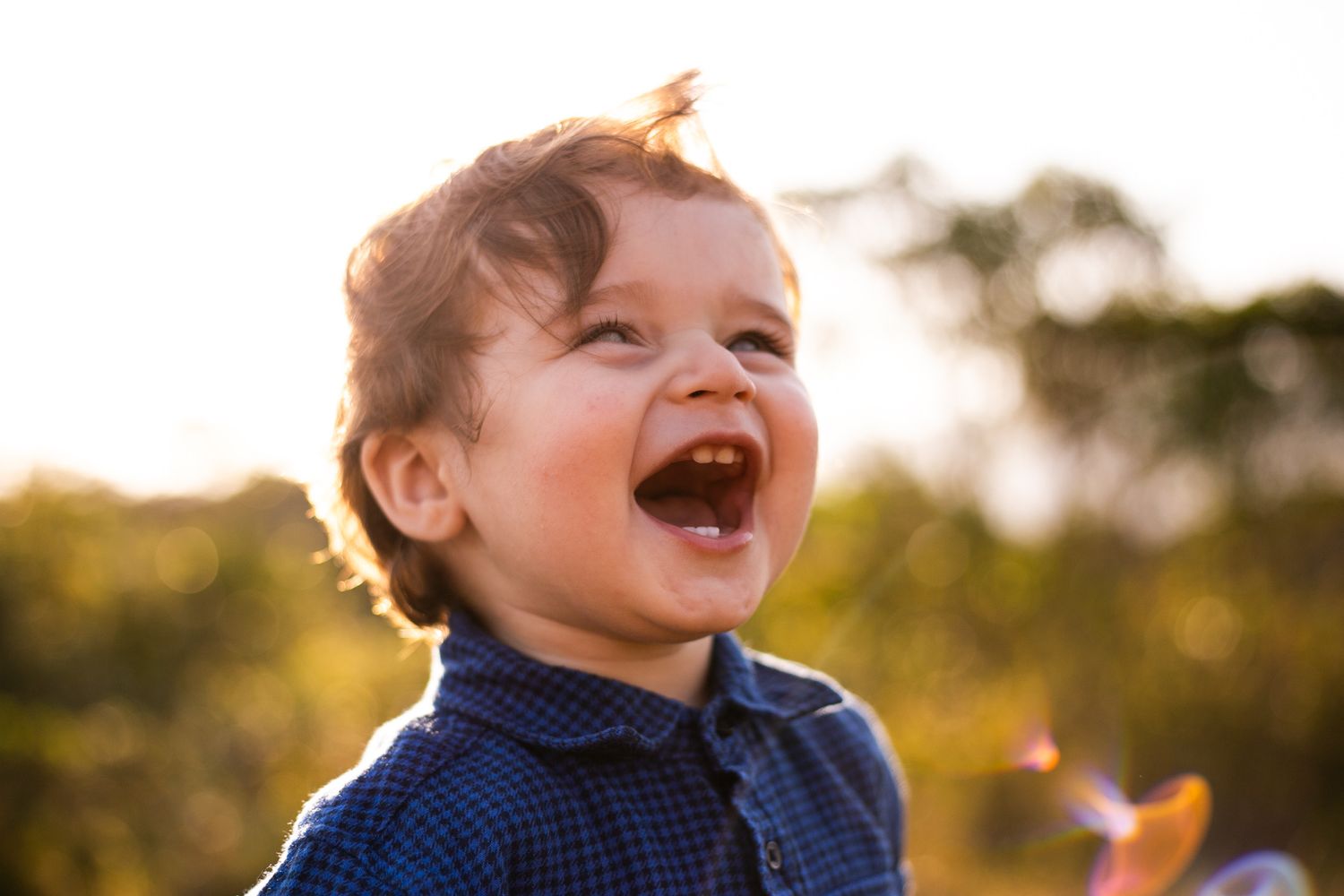 A joyful laugh captured in golden sunlight with a navy blue collared shirt against a blurred natural background.