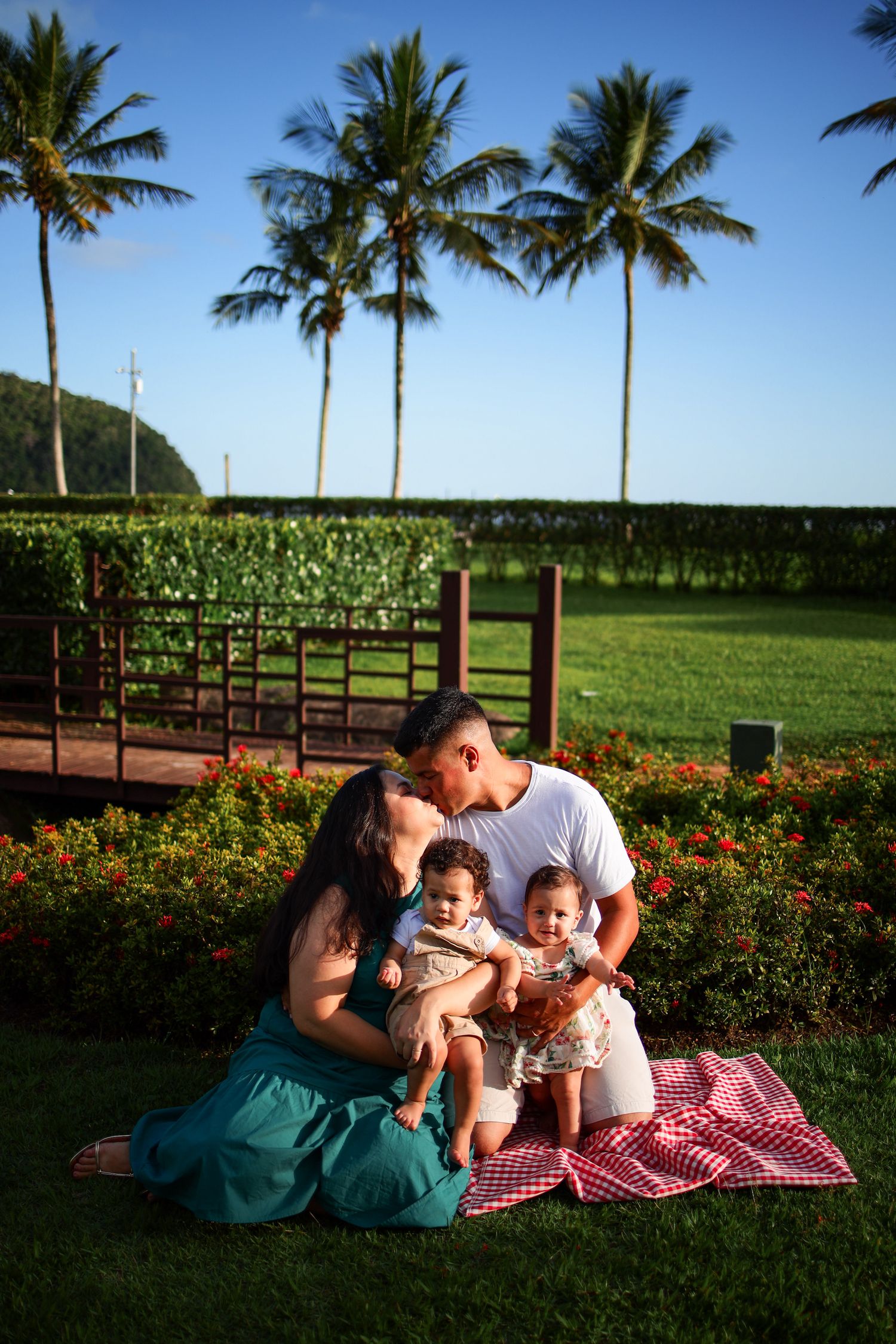 Family enjoys a picnic on a sunny day with palm trees and tropical landscaping in Hawaii.