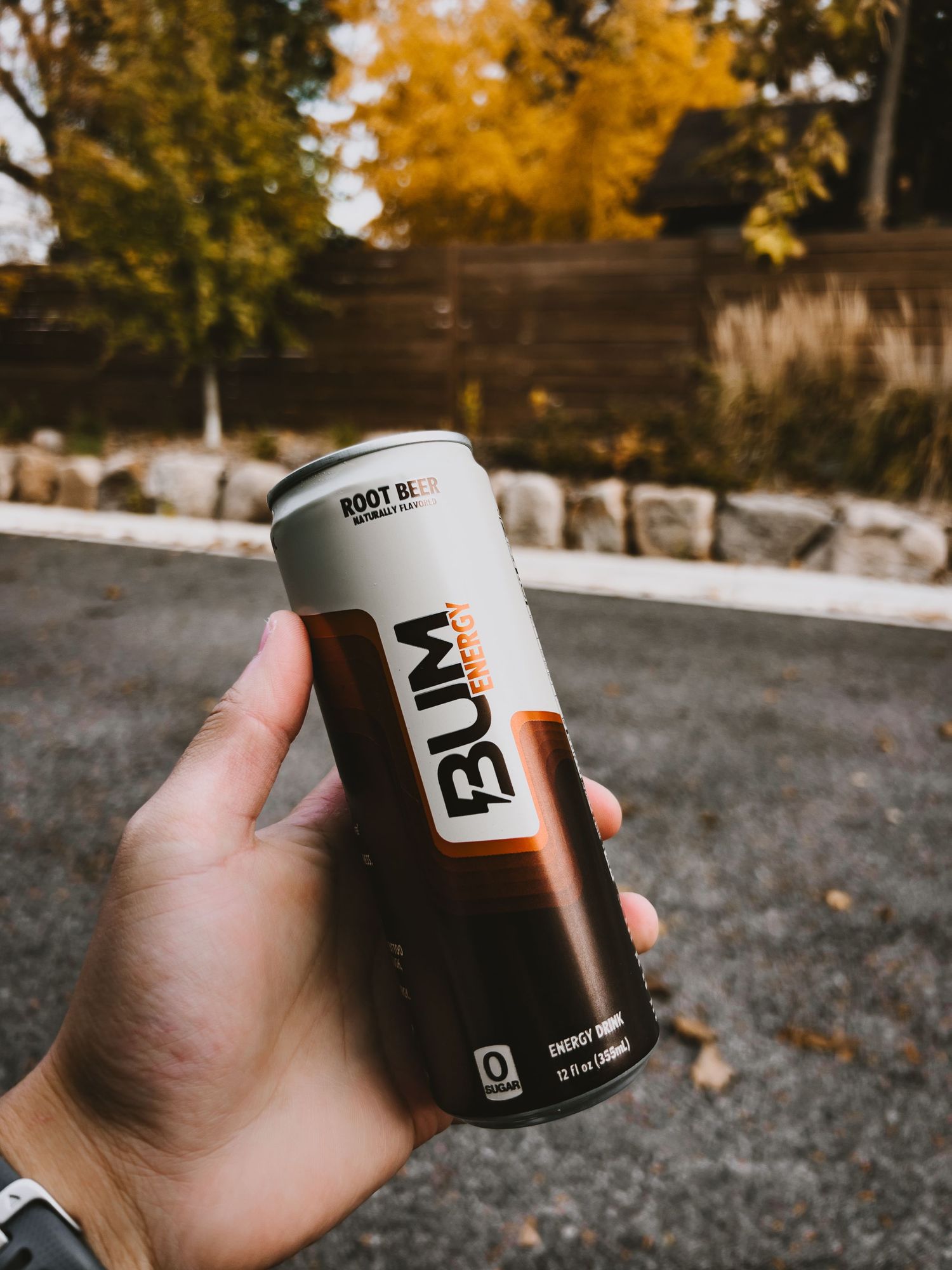 Hand holding a dark canned beverage against an autumn background with golden trees and fallen leaves.