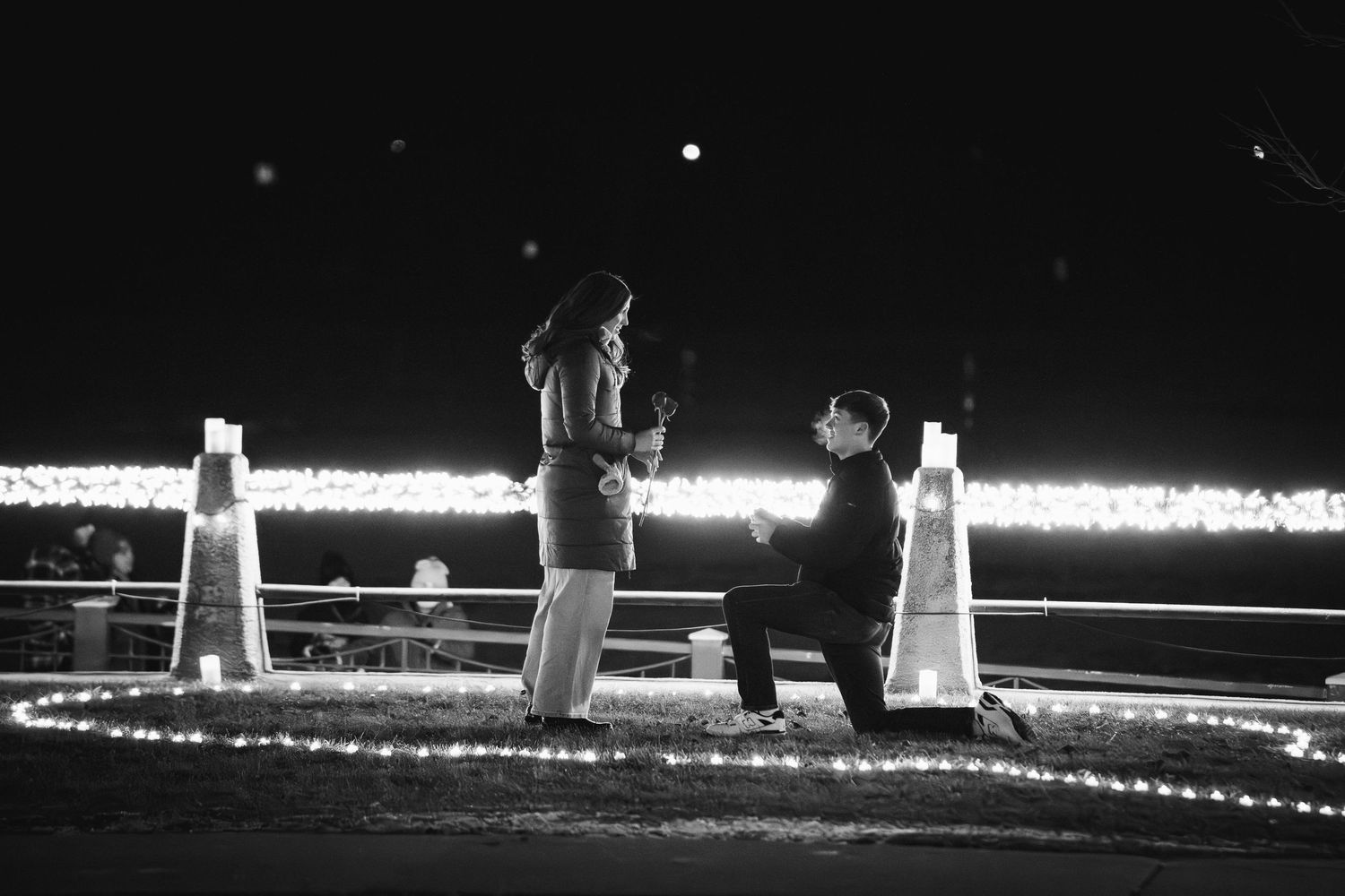 A series of glowing luminaries line a path at night creating a beautiful illuminated walkway.