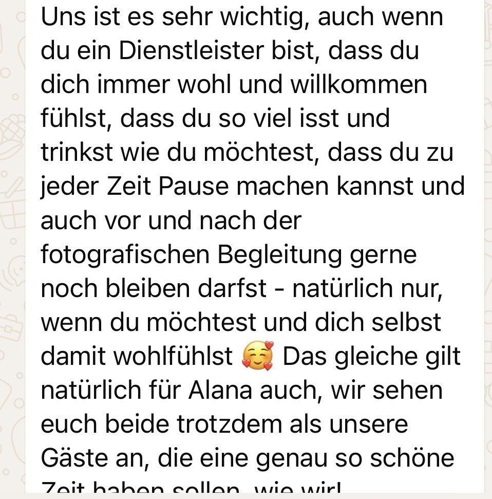 Screenshot einer Kundennachricht über die Begleitung beim Shooting