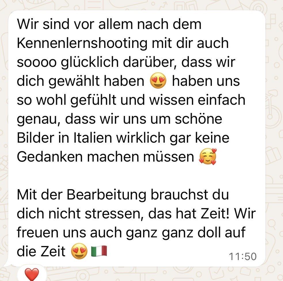 Screenshot einer Kundennachricht über das Kennenlernshooting in Italien
