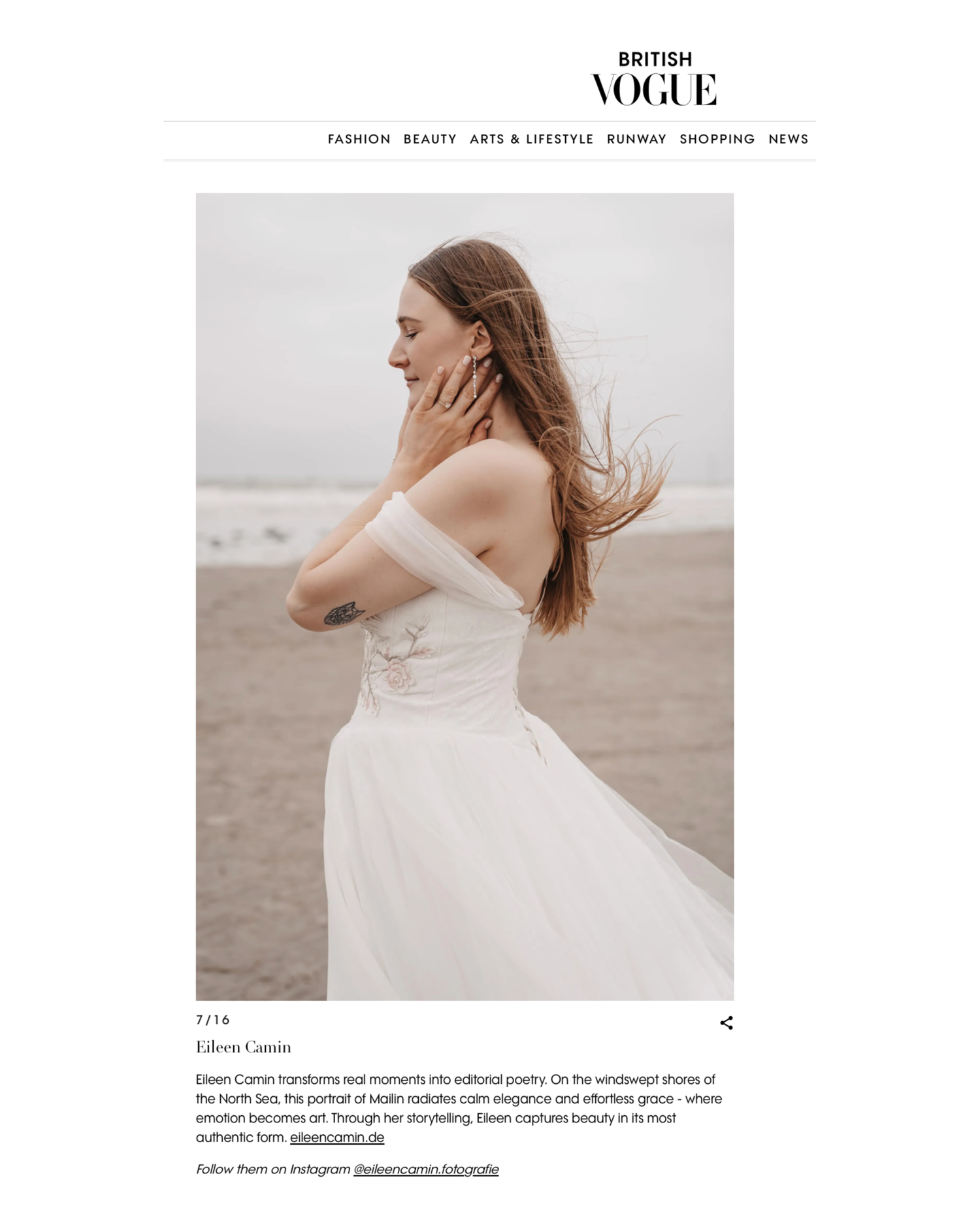 VOGUE Artikelseite mit Brautkleid-Aufnahme von Eileen Camin
