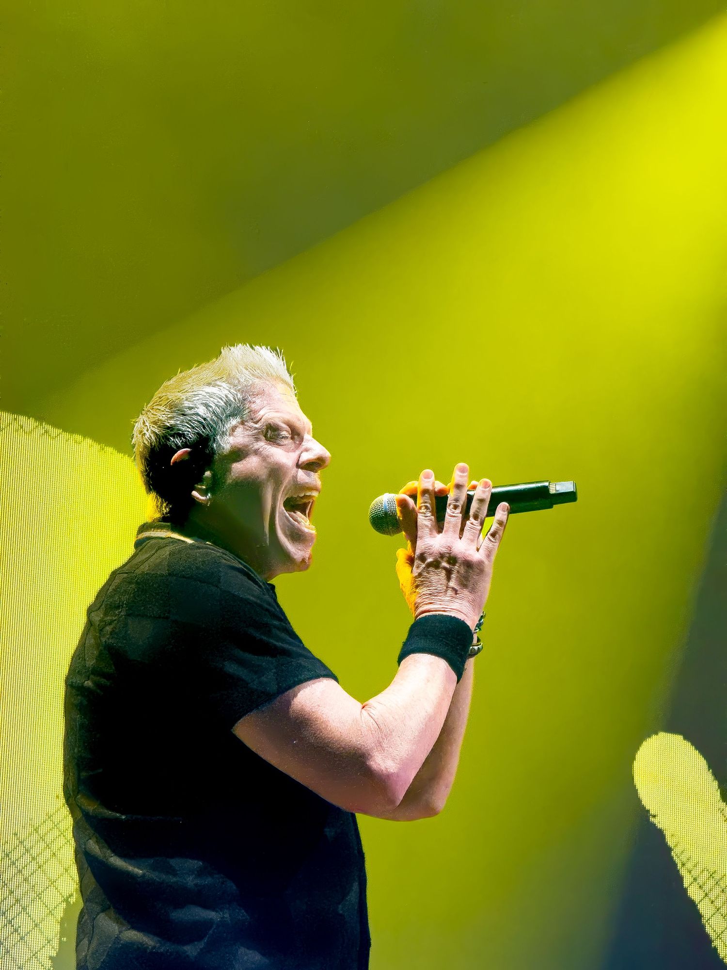 A performer in a black t-shirt sings passionately on stage against a bright yellow lighting backdrop.