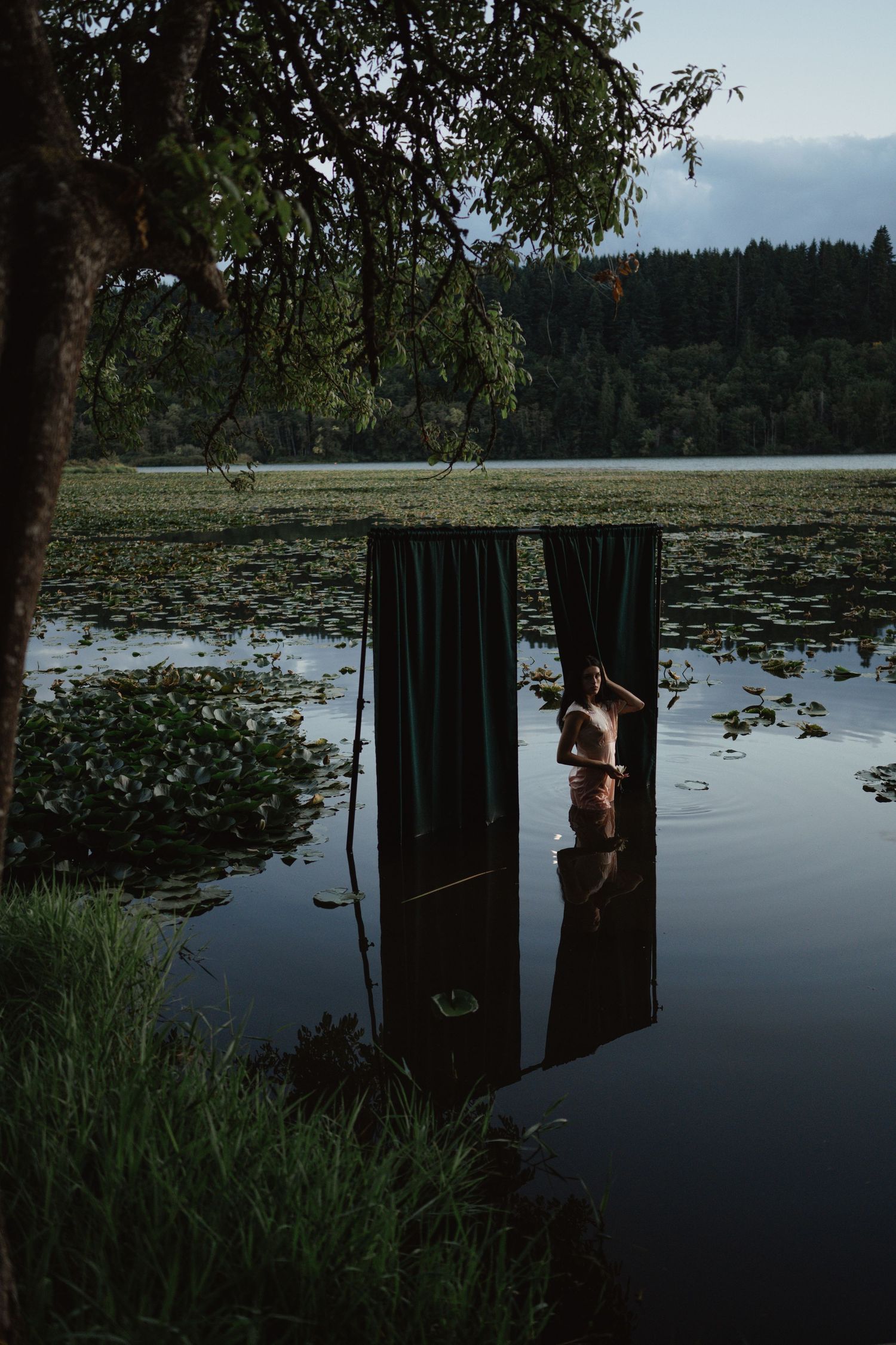 A mysterious mirror hangs next to a tranquil lake surrounded by trees and lily pads at dusk.