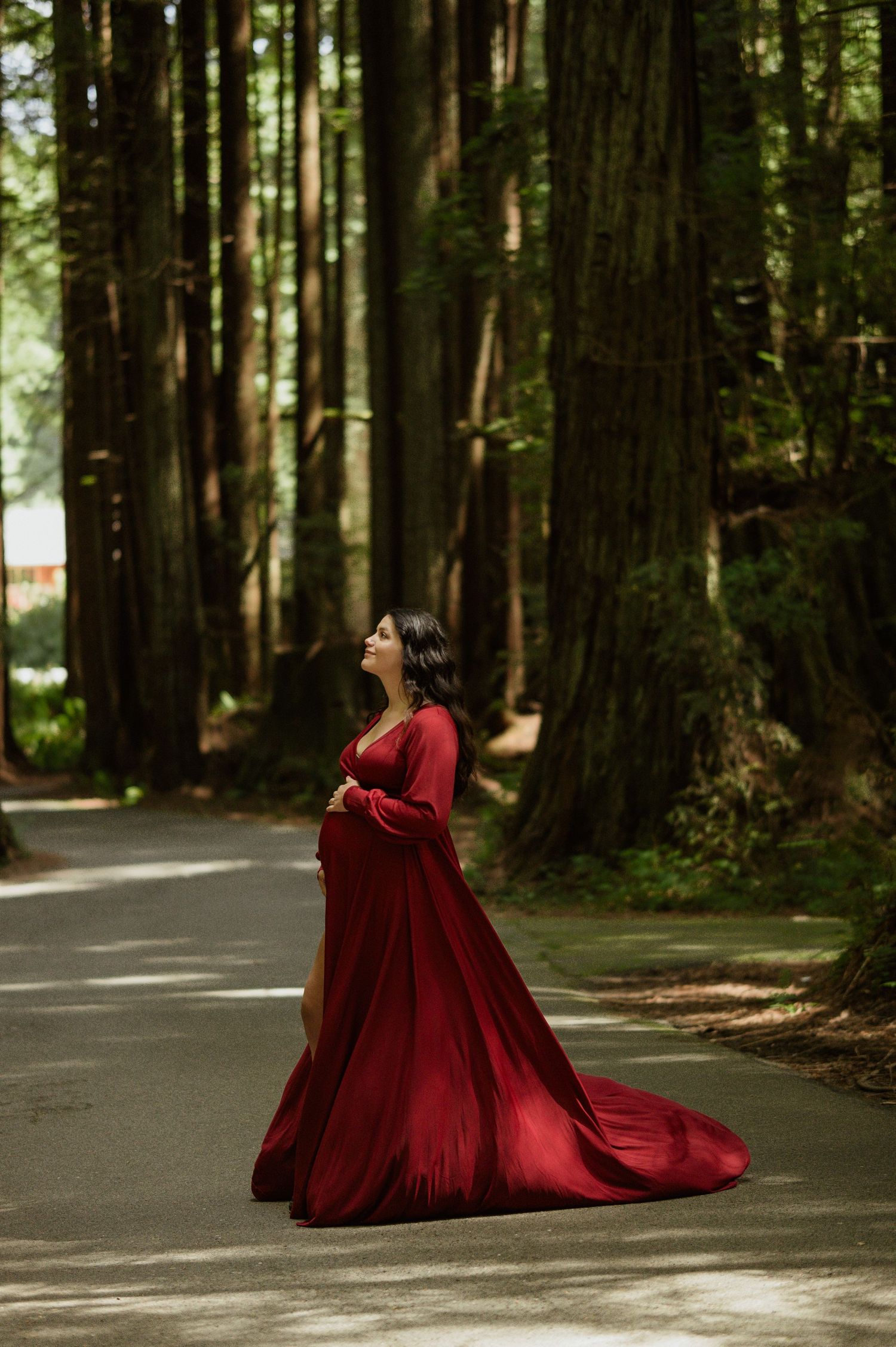 A pregnant woman in a flowing red gown stands on a forest path surrounded by towering trees.
