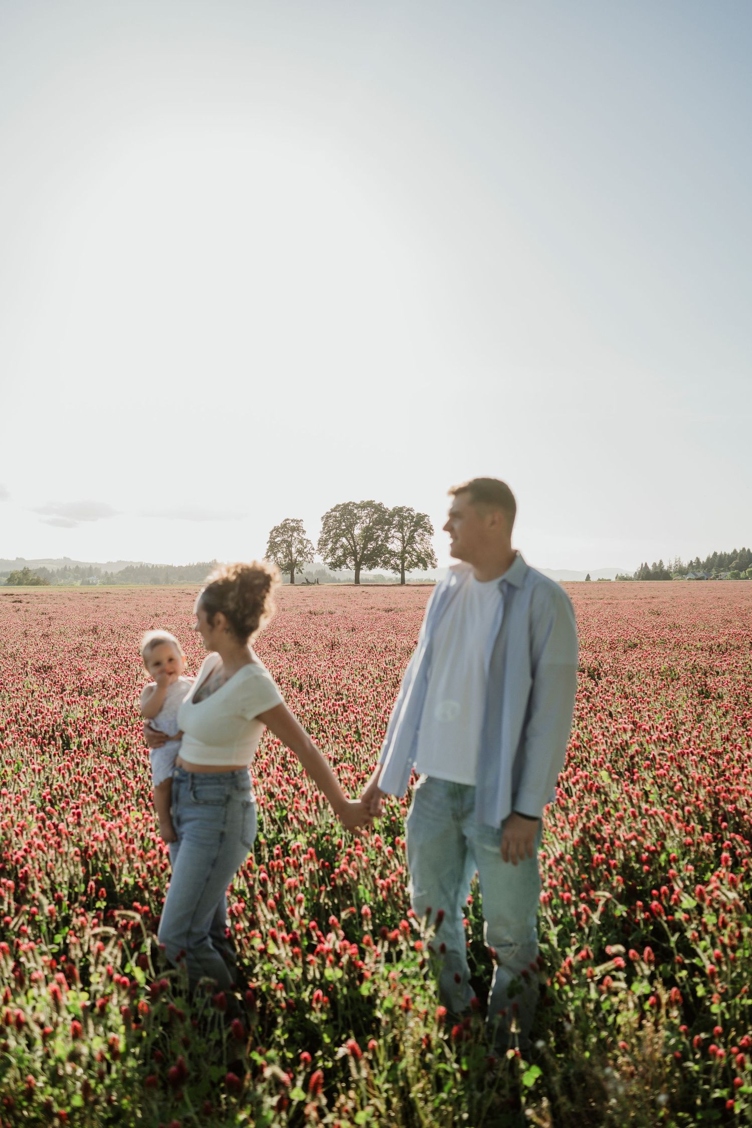 A family holds hands while standing in a vibrant red flower field at sunset.