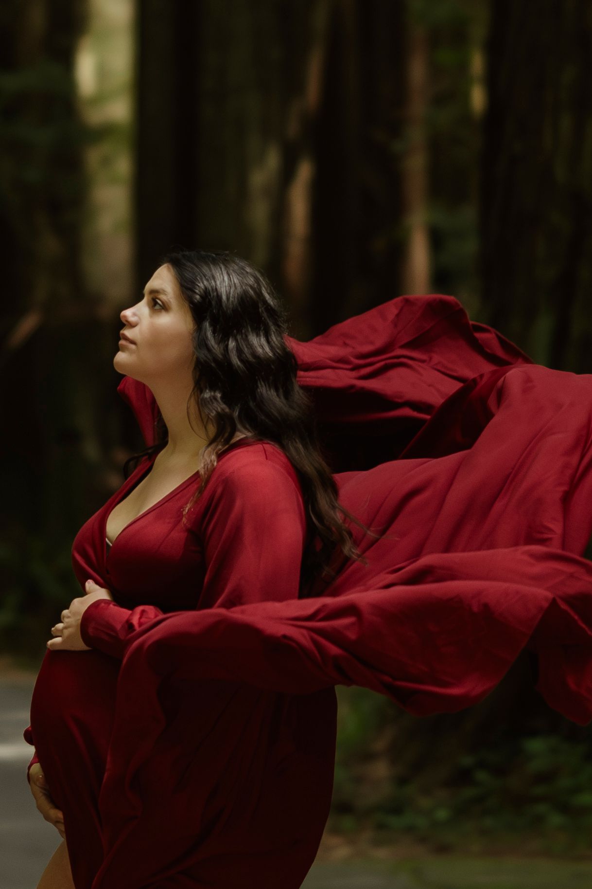 A flowing deep red dress billows dramatically in a moody forest setting during a maternity photo session.
