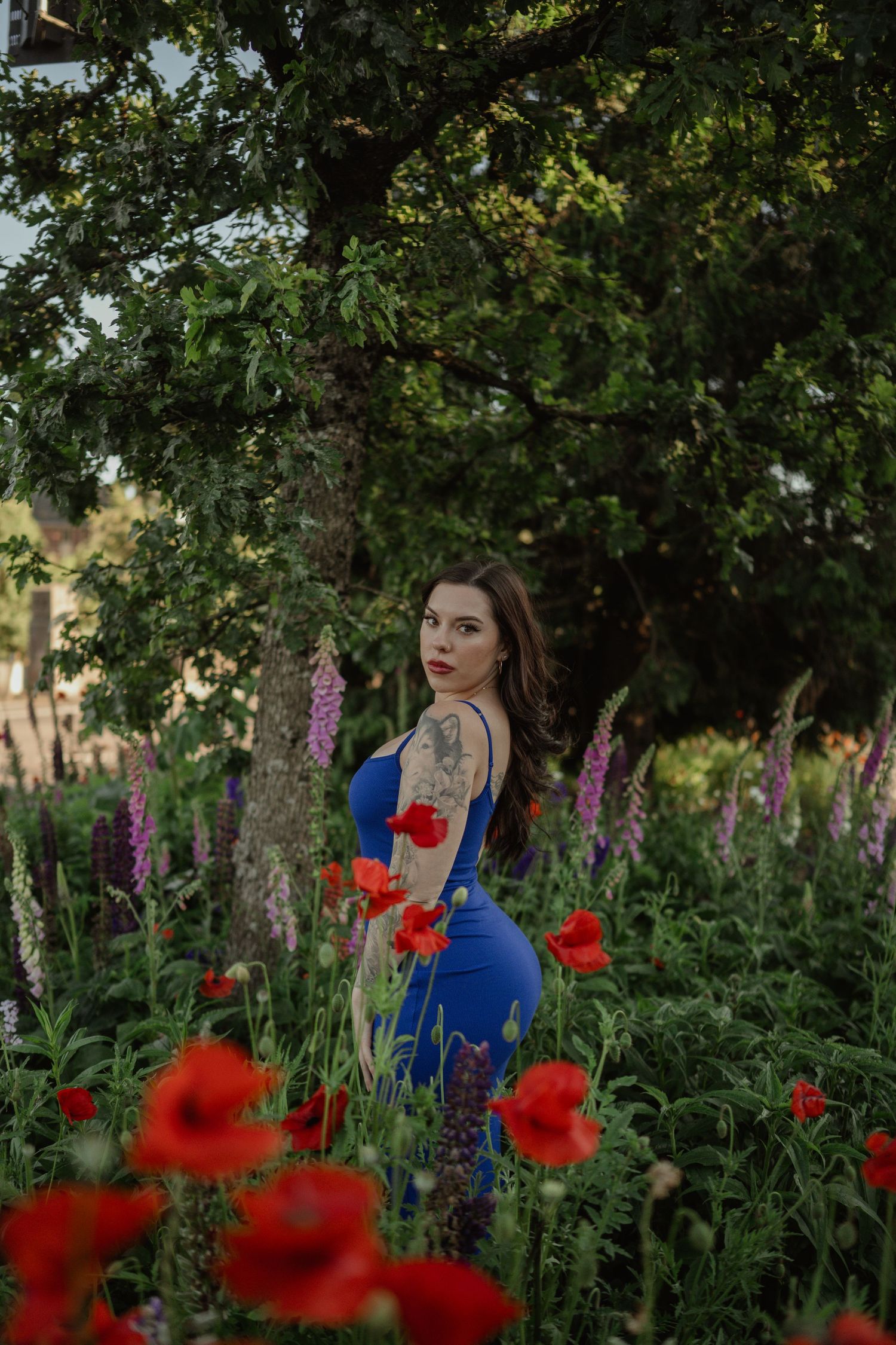 A woman in a blue dress poses among vibrant red poppies and purple lupines in a garden setting at dusk.