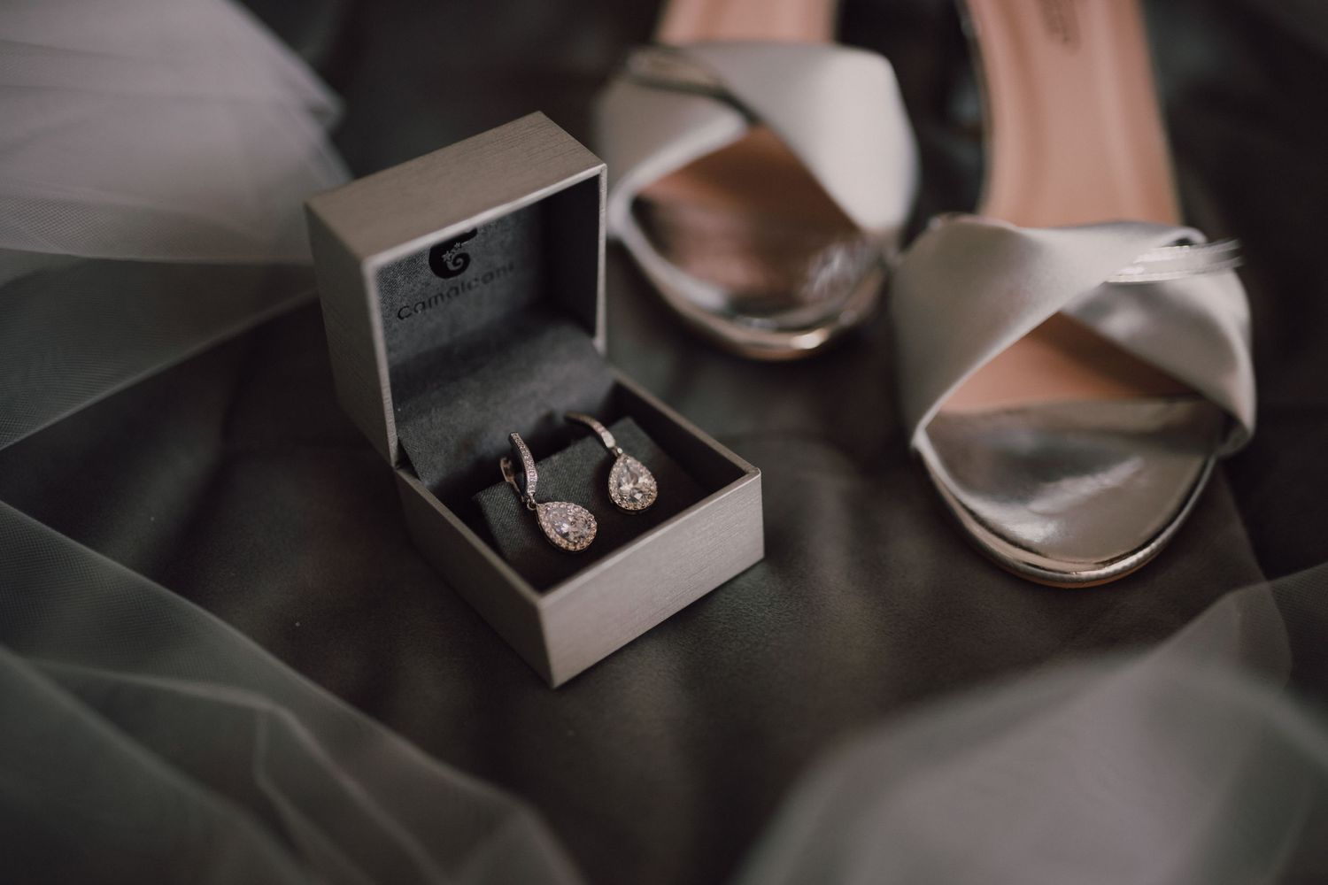 Wedding accessories featuring delicate earrings in a box next to bridal shoes.