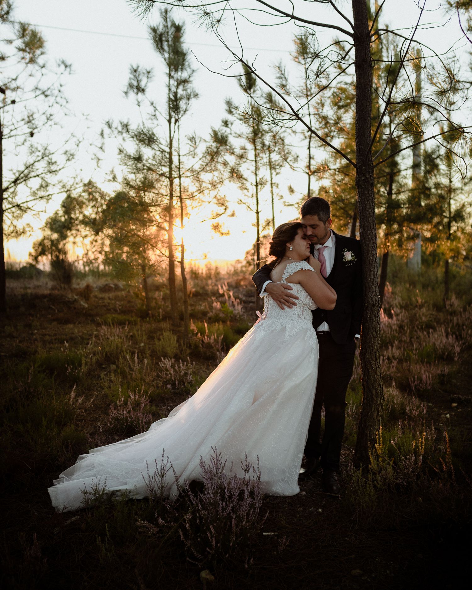 A romantic sunset wedding photo with pine trees silhouetted against an orange sky.
