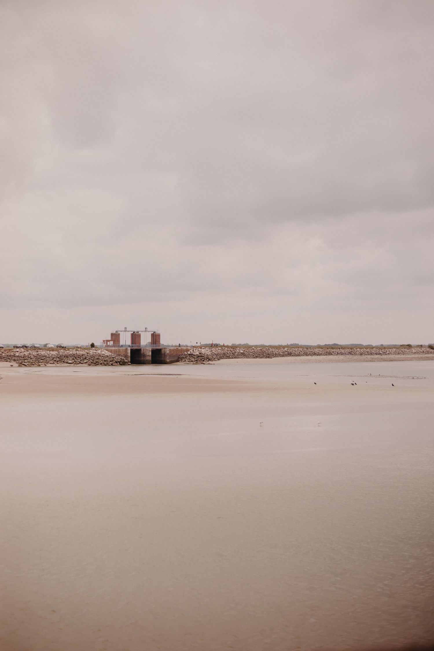 Two tall silos stand alone on a barren beach landscape under an overcast sky in muted tones.