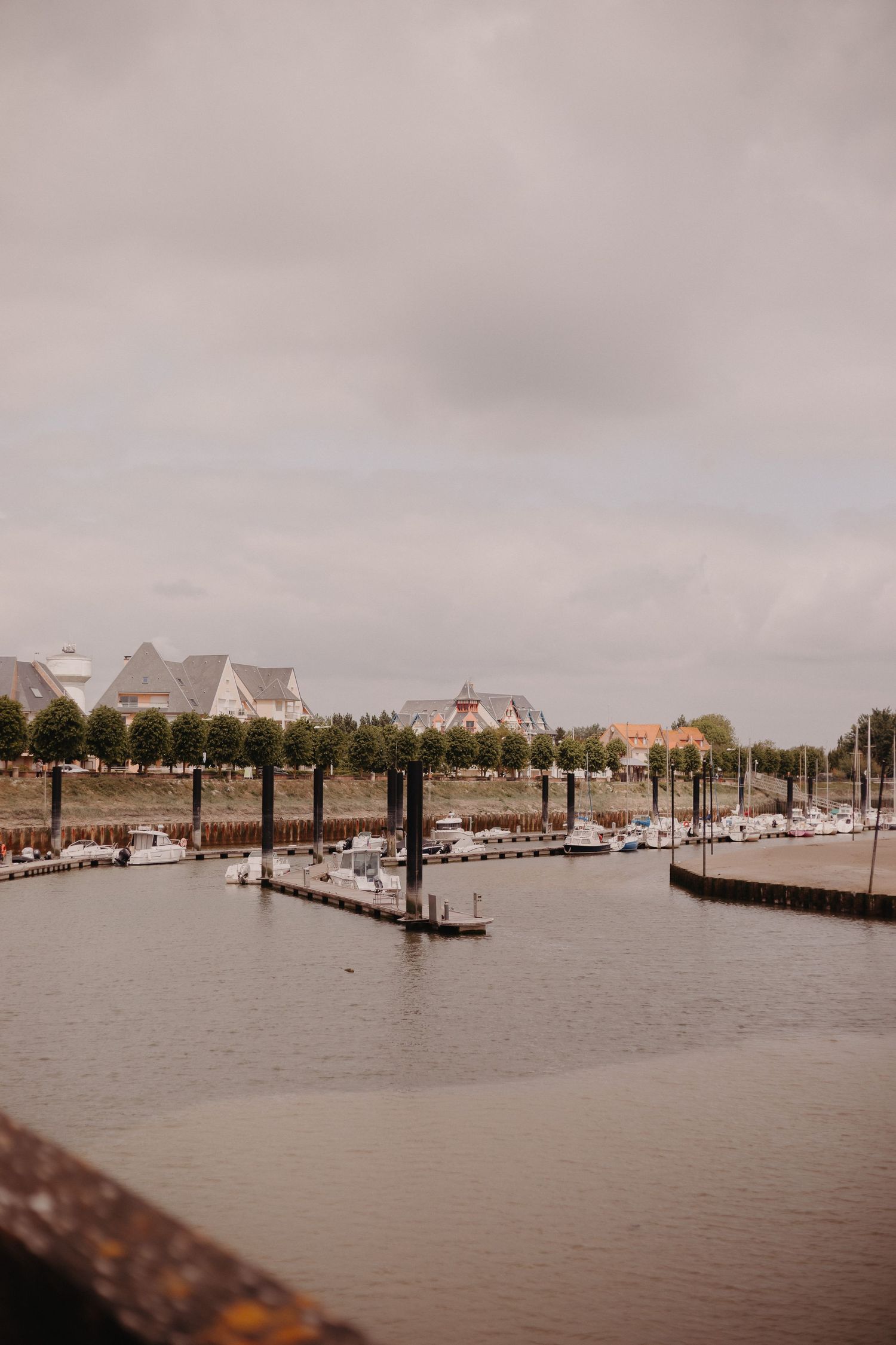 Boats docked at a marina with waterfront houses and overcast skies in the background.