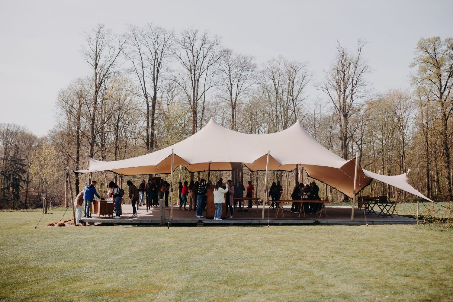 A large beige stretch tent setup on a grassy lawn with bare trees in the background and guests gathered underneath.