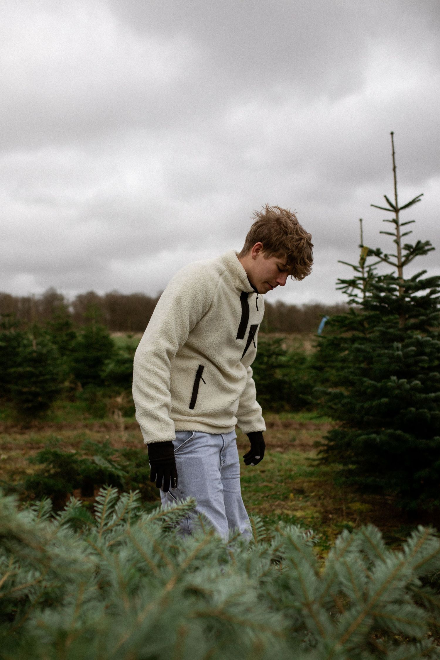 Person in a cream sweater examines evergreen trees at a Christmas tree farm on an overcast day.