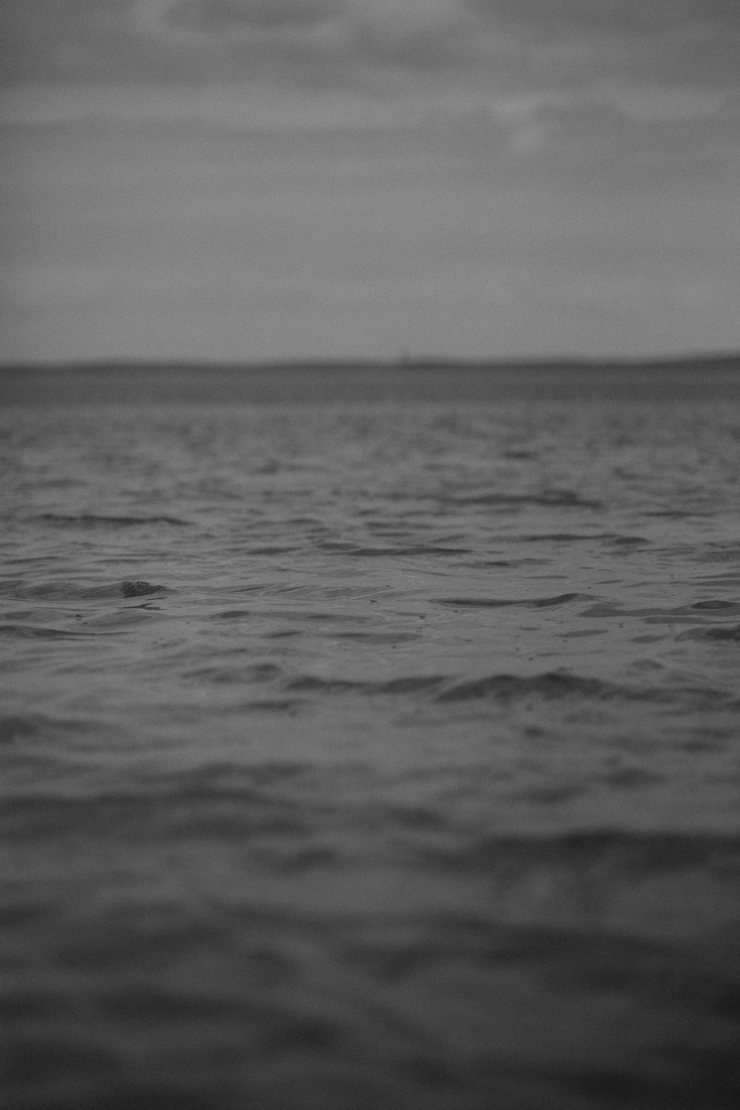 A moody black and white seascape with dark rippling waters stretching to a distant misty horizon.