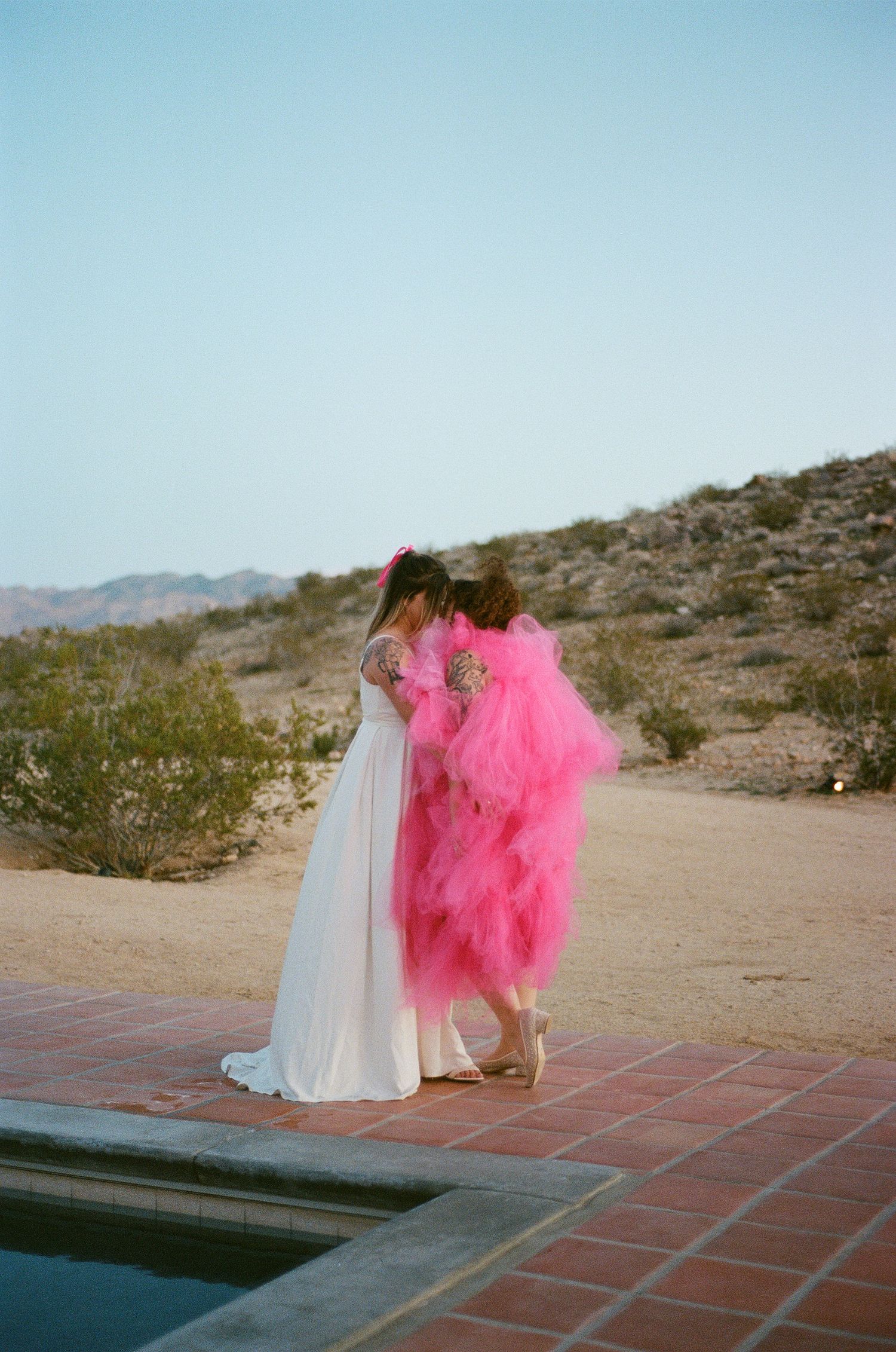 Two brides embracing in a desert landscape, one in a flowing pink tulle gown and the other in a soft white dress.