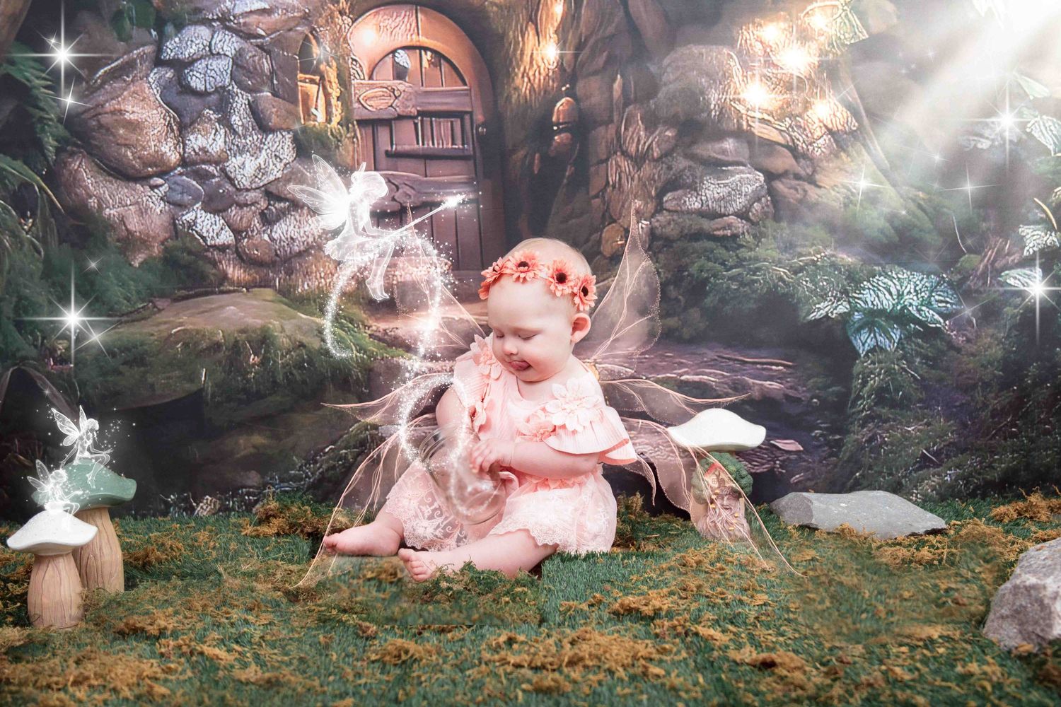 Enchanted woodland fairy scene with magical glowing creatures, mushrooms and ethereal beams of sunlight in a mystical garden.