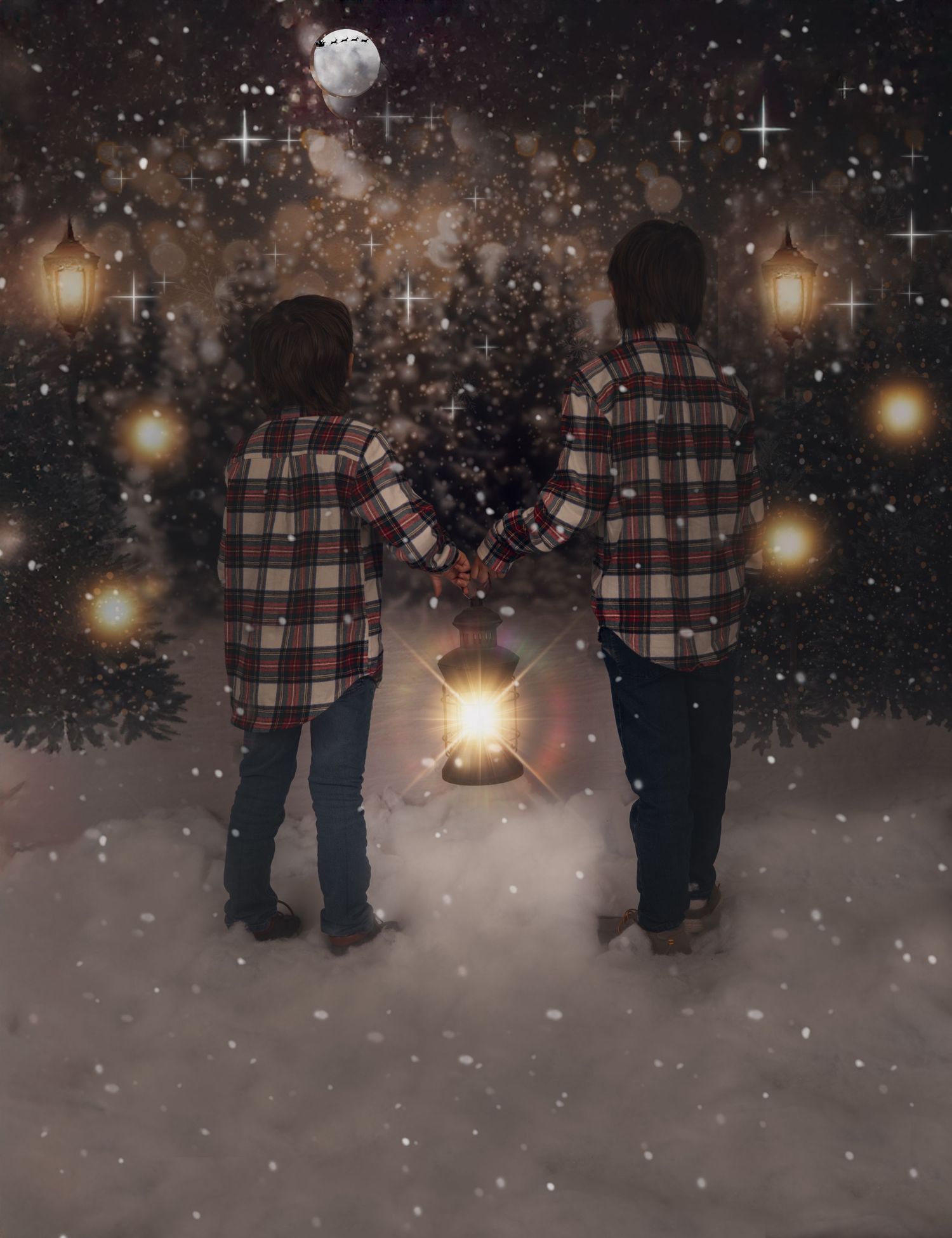 Two people in matching plaid flannel shirts hold a glowing lantern in a snowy magical nightscape with floating lights.