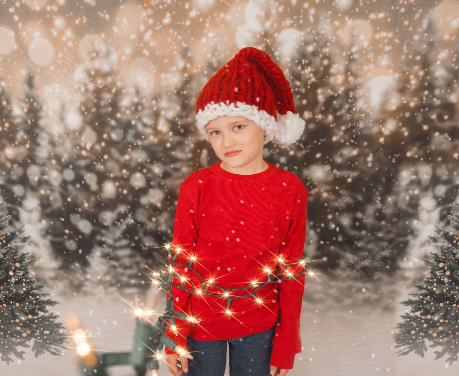 Child wearing red Christmas sweater and Santa hat stands in snowy setting with twinkling string lights around them.