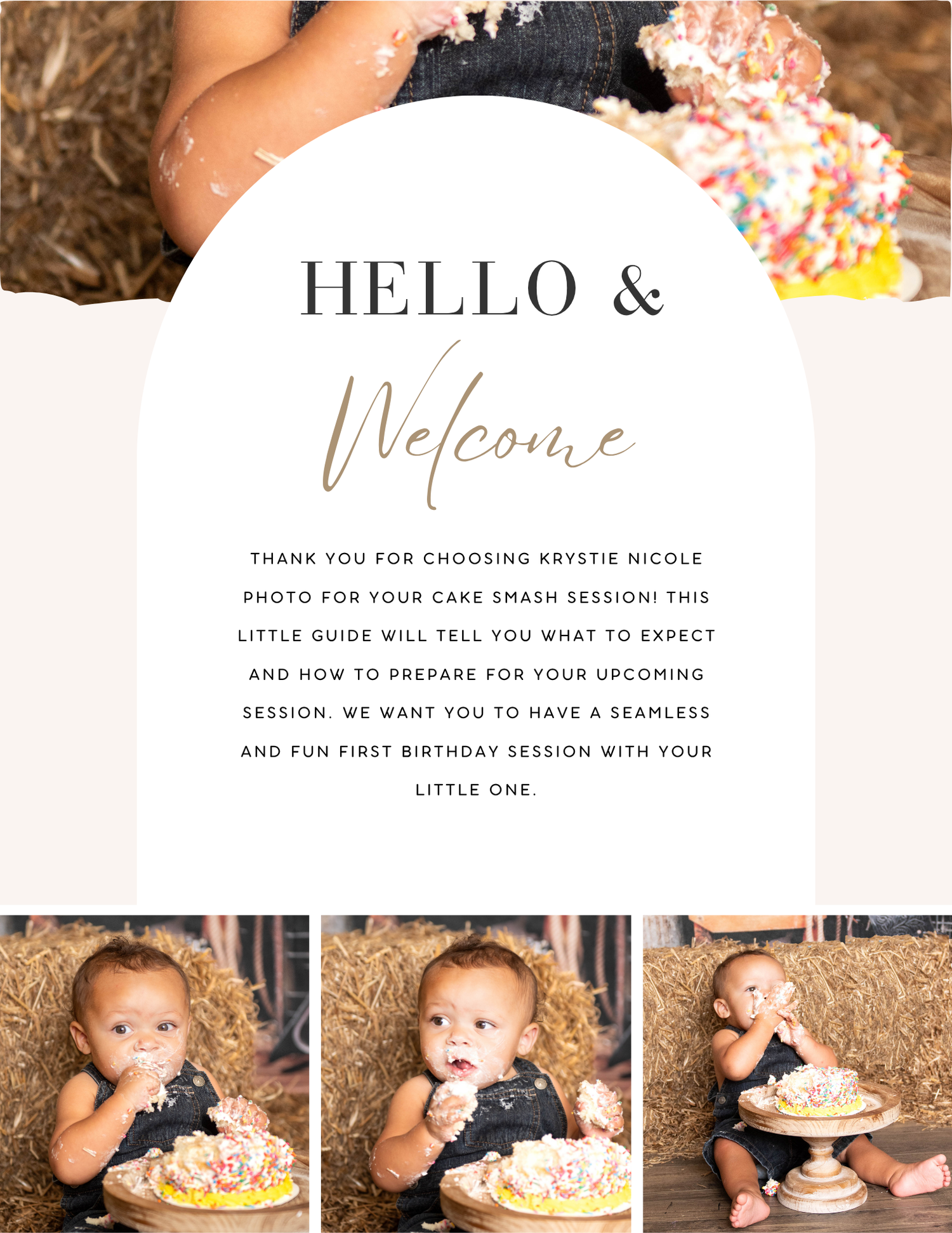 A cake smash photography welcome guide shows text and three sequential photos of a cake smashing session.