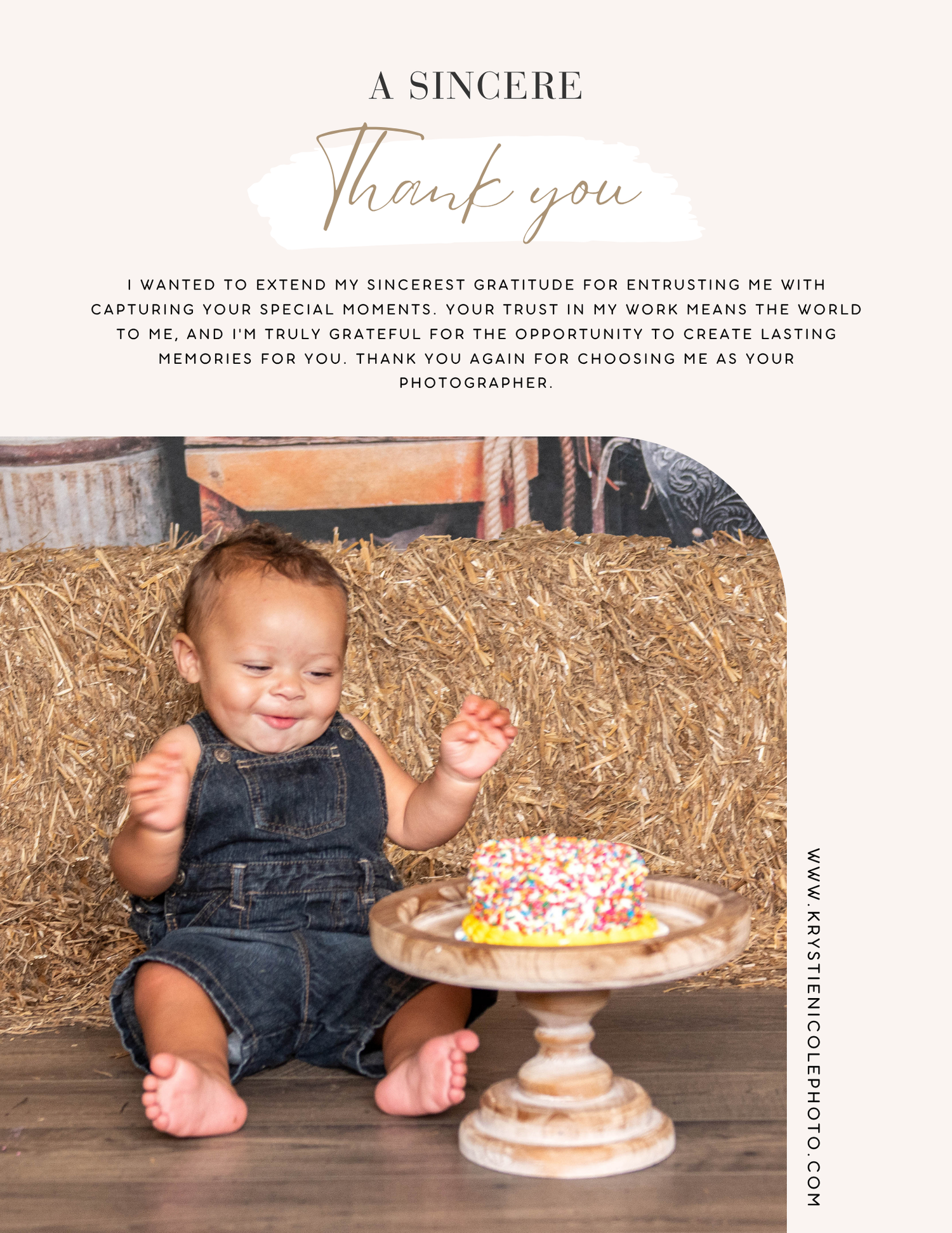 Rustic thank you note design with baby in overalls sitting next to cake on decorative stand by hay bales.