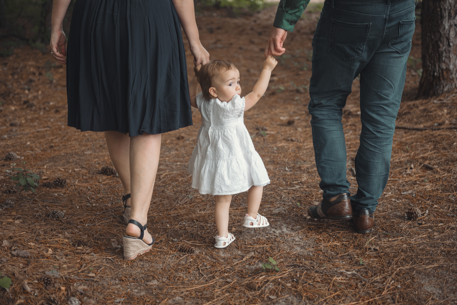 A small child in a white dress holds hands with their parents while walking on a forest path.