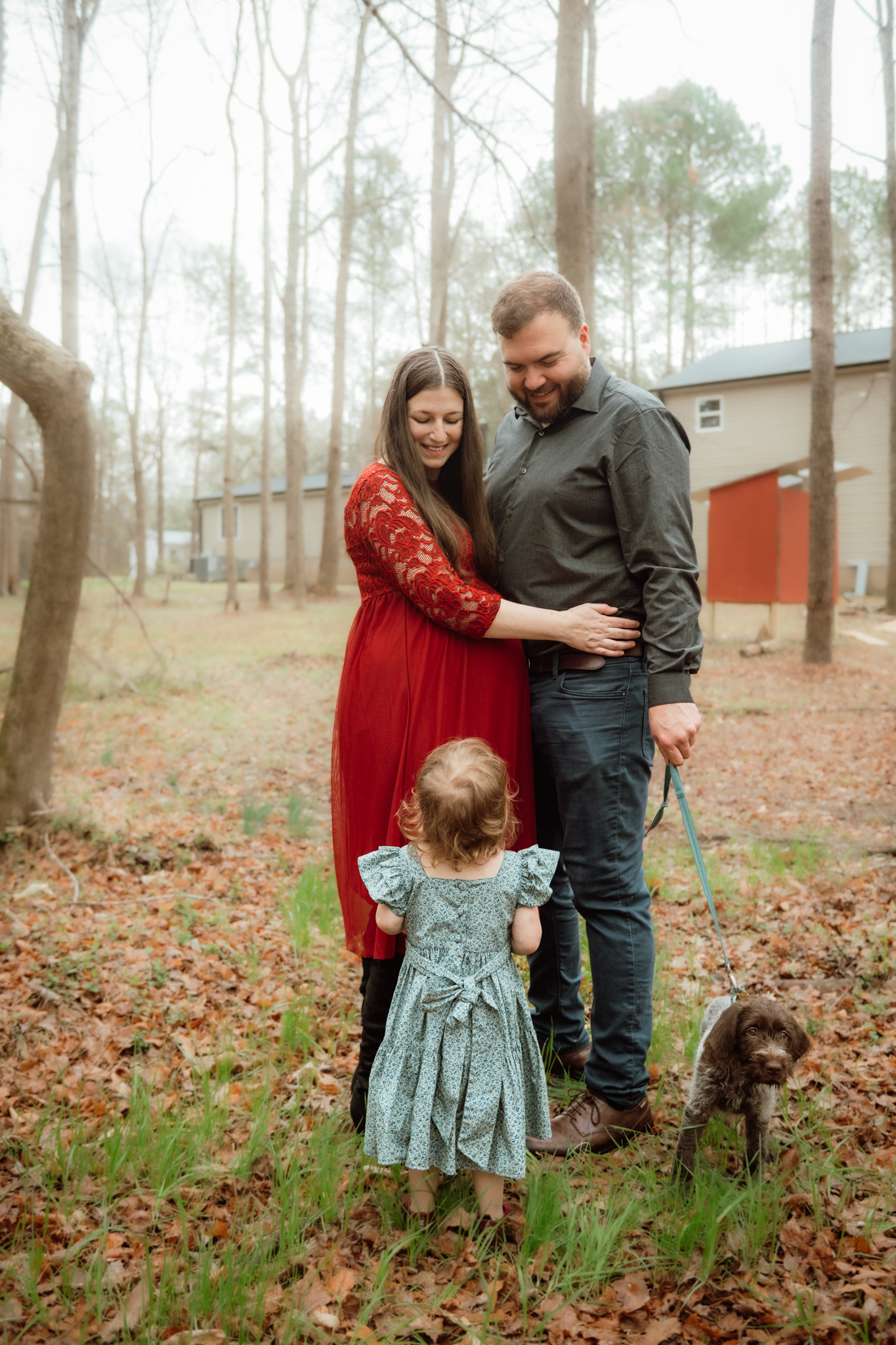 A pregnant woman in red dress with husband, toddler daughter, and brown dog pose for a family photo outdoors.