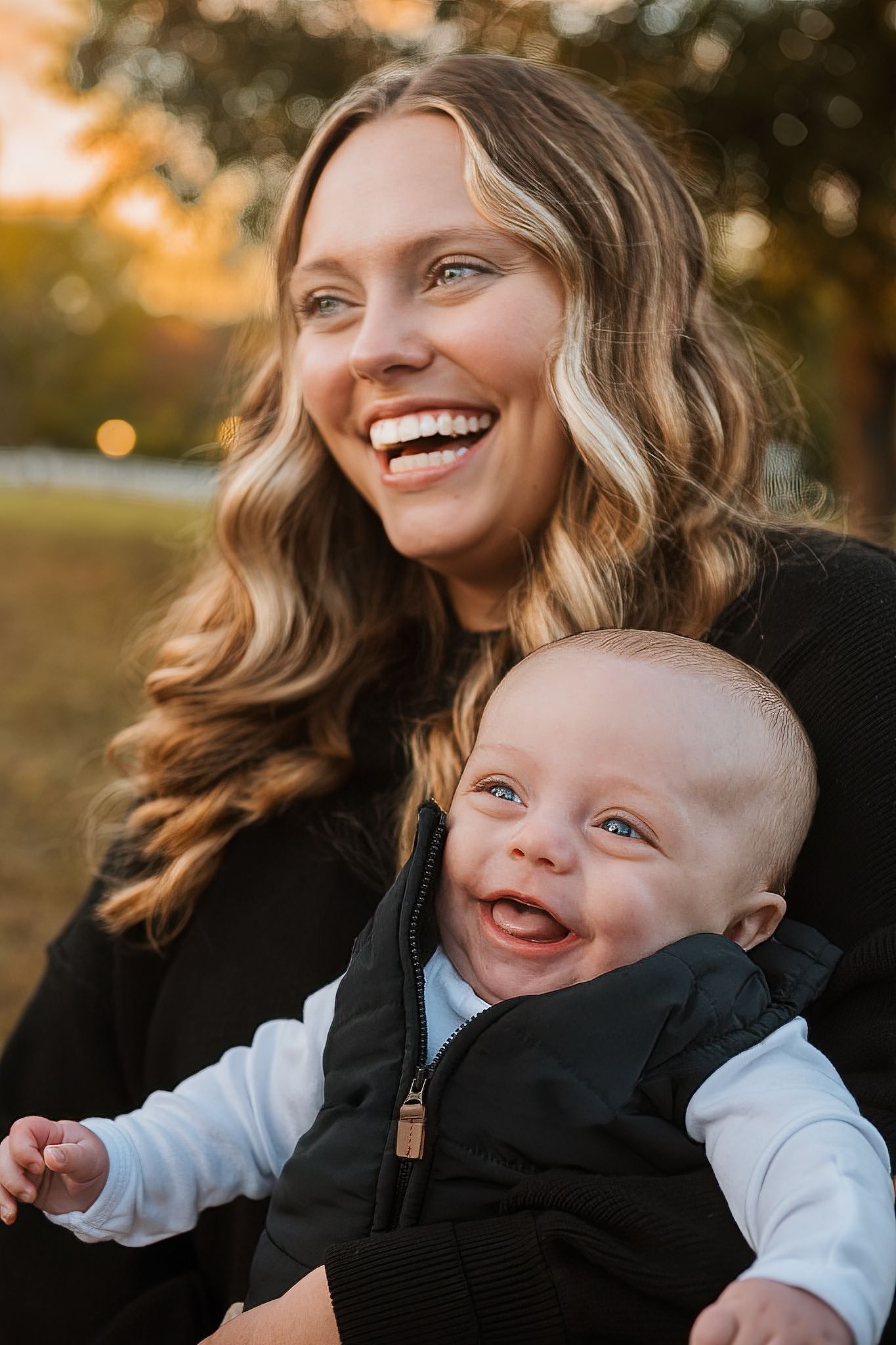 A candid series of joyful moments between parent and child captured during golden hour in an outdoor setting.