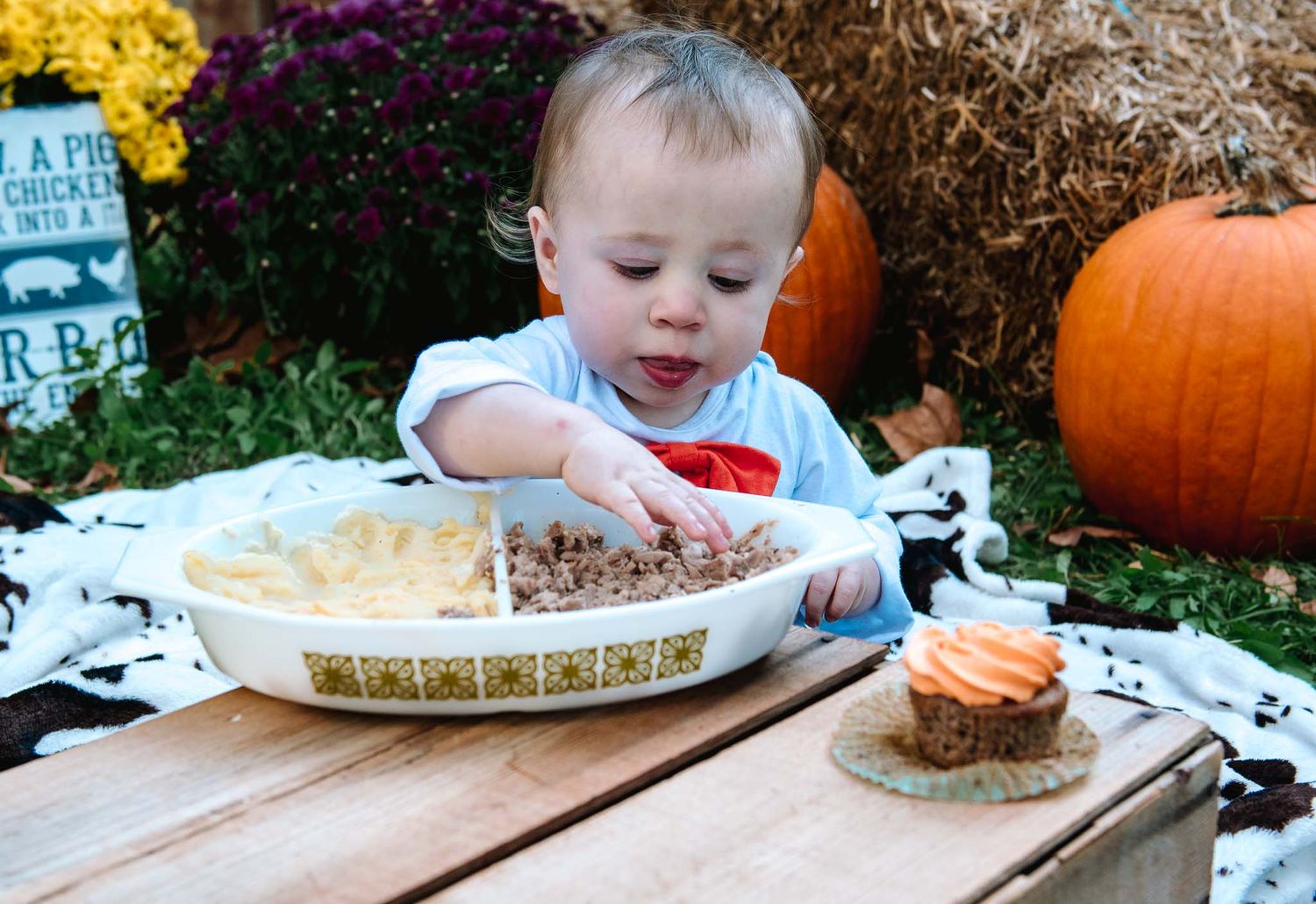 A child tastes frosting from a cupcake while sitting at a picnic table decorated with fall pumpkins and mums.
