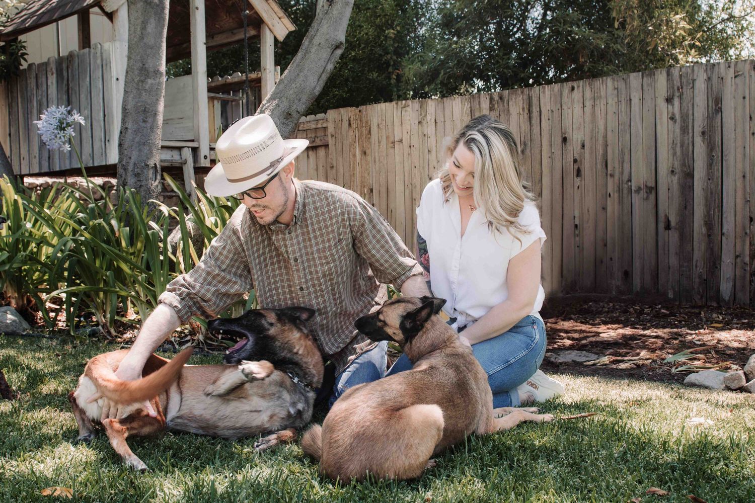 Couple sitting on grass in backyard playing with three dogs on a sunny afternoon.