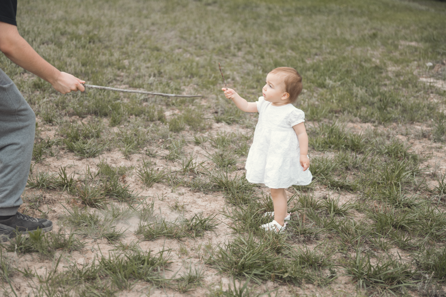 A small child in a white dress takes tentative steps on patchy grass while reaching for someone's outstretched hand.