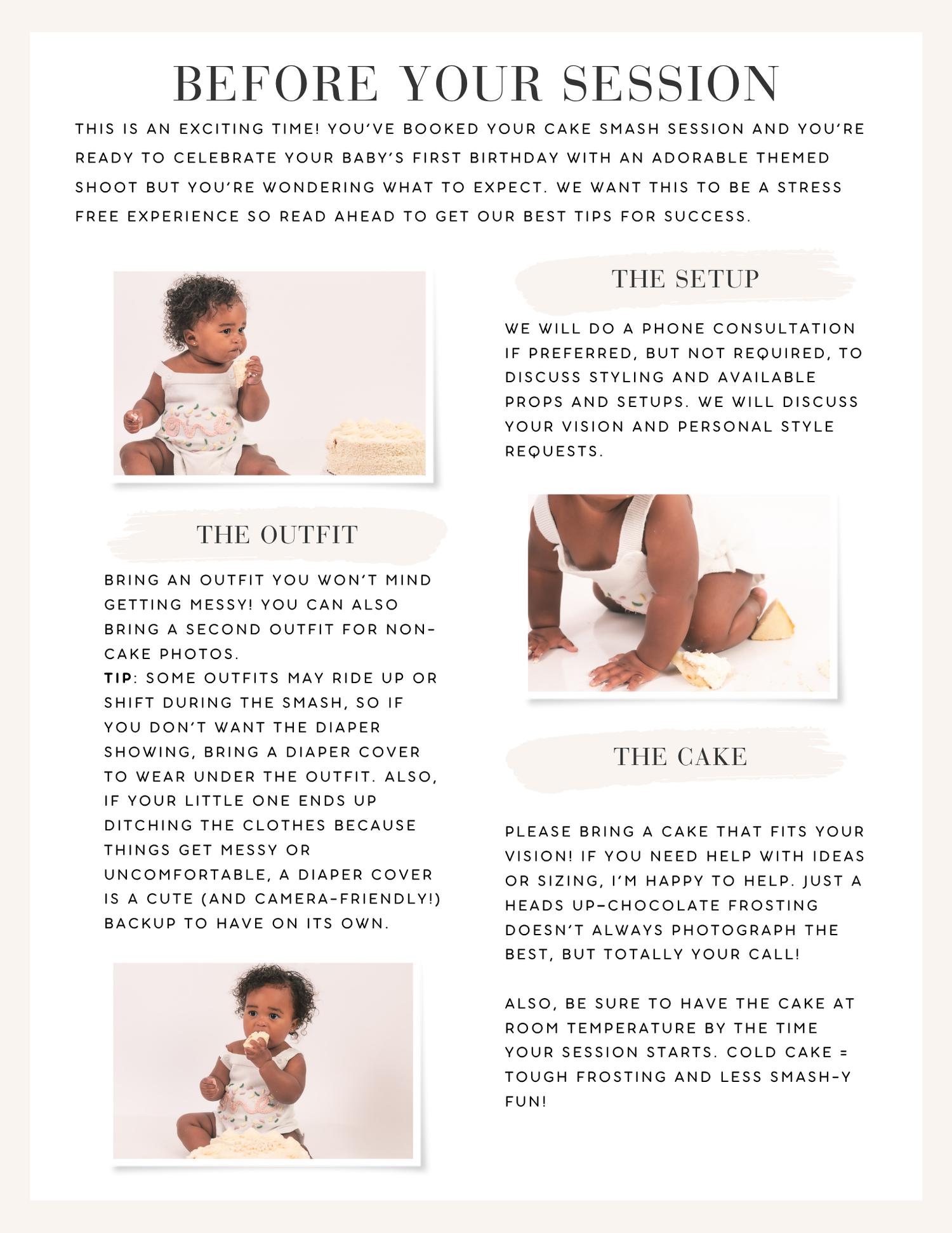 A pink photo collage featuring baking elements and white text overlays with instructions for a cake photo session.