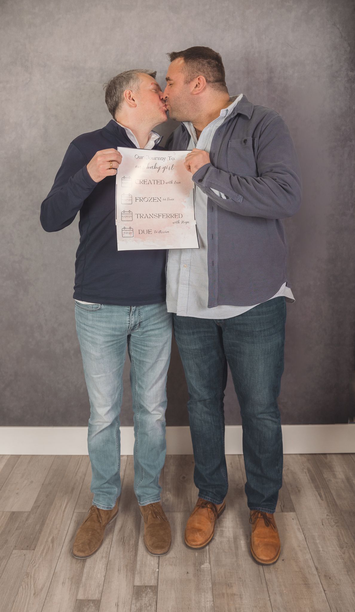 Two people in jeans and casual attire stand close together holding a sign while kissing against a gray backdrop.