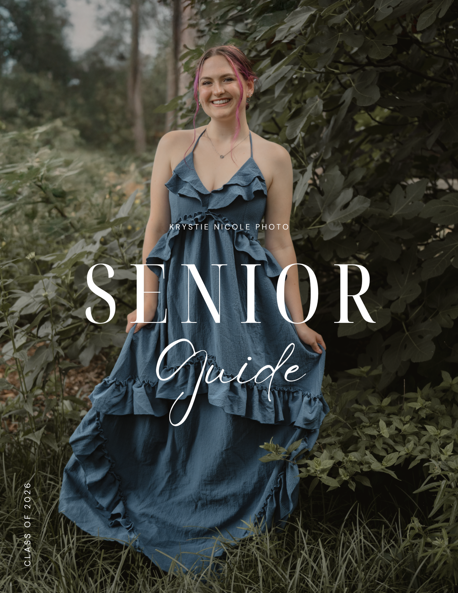Outdoor portrait photography series in moody tones featuring a flowing blue ruffled dress against natural foliage background.