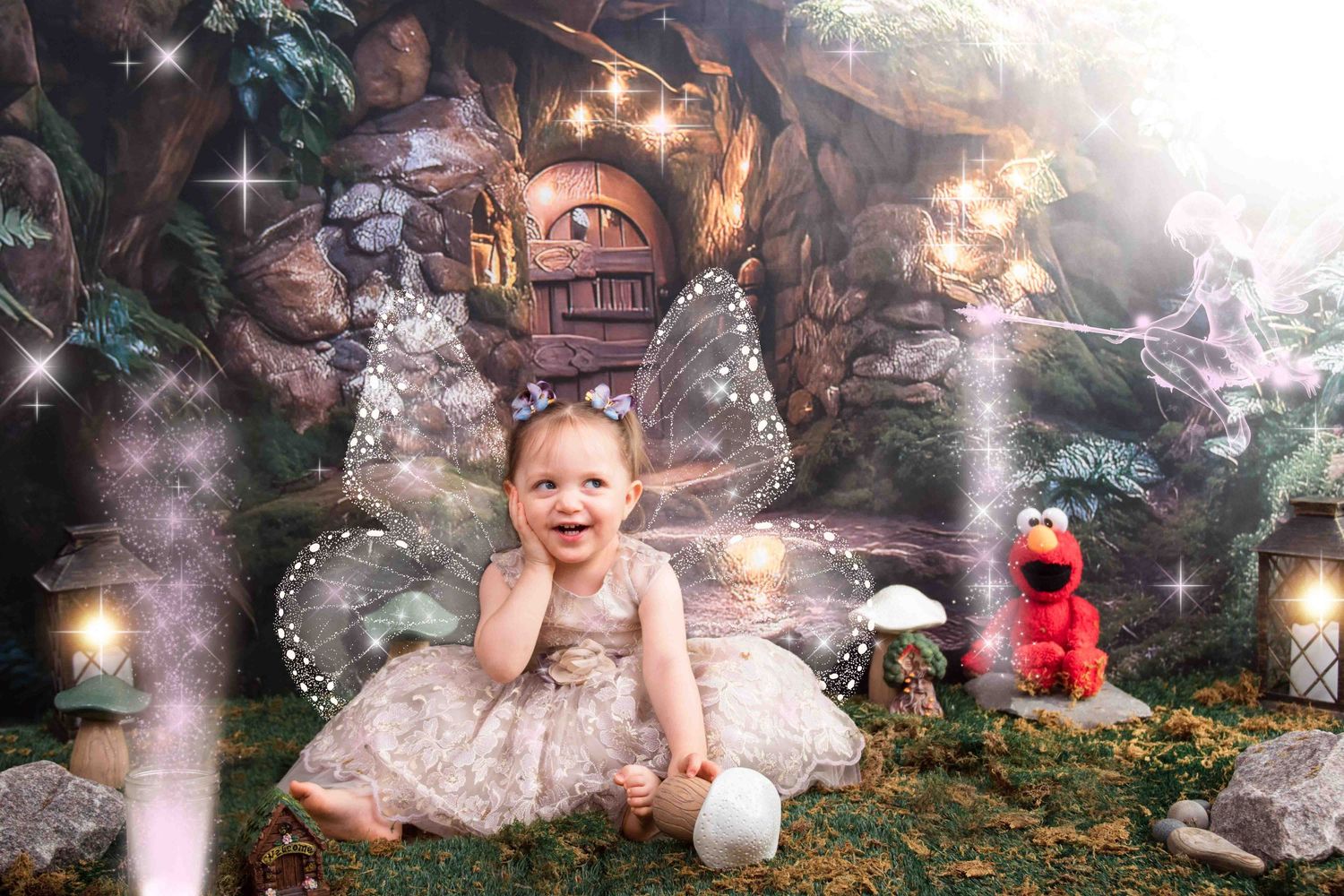Fantasy fairy tale scene in enchanted forest with twinkling lights, glowing cottage, and Elmo toy in magical setting.