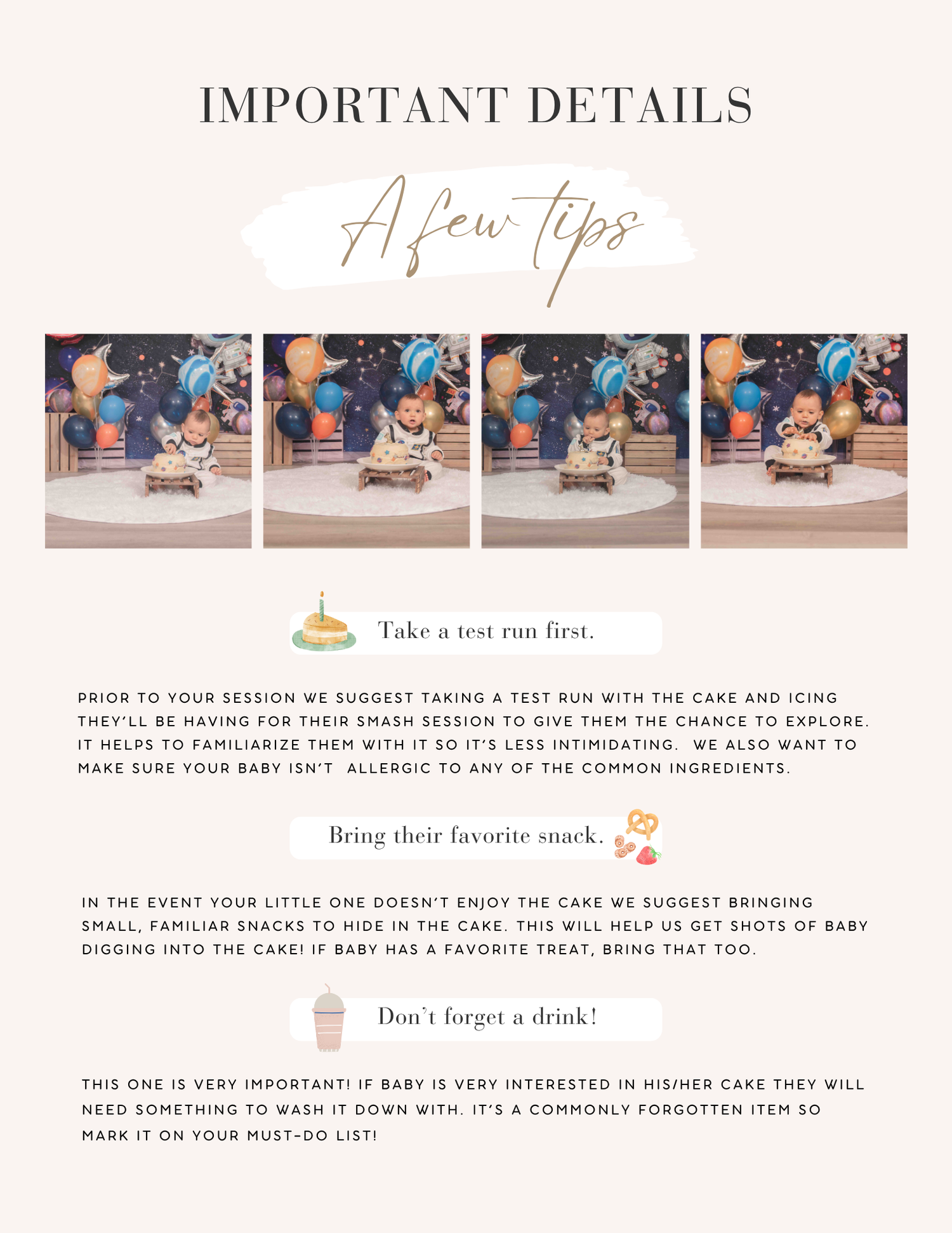 A cake smash photography tips guide showing sequence shots and advice for baby's first cake experience.