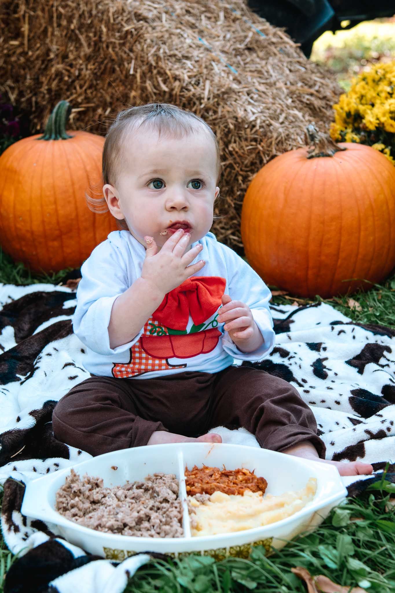 A fall harvest scene with large pumpkins and a divided plate of snacks on a cow print blanket outdoors.