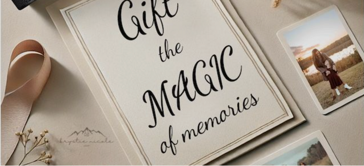 A vintage photo album book with calligraphy text reading 'Magic of memories' alongside photographs and pink ribbon.