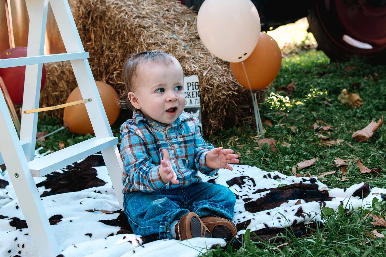 A young child sits on a blanket in the grass with balloons and a white ladder for a first birthday photoshoot.