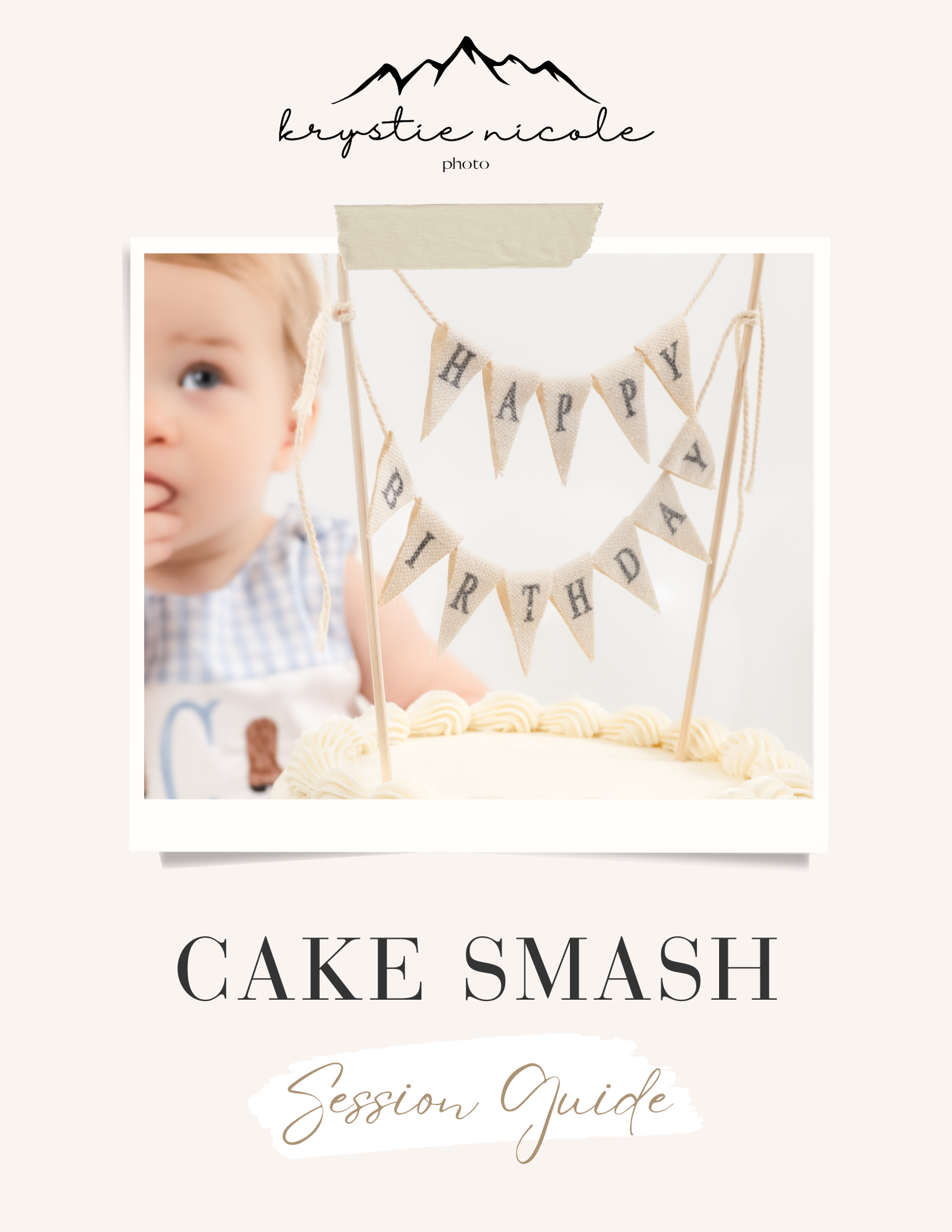 Minimalist banner design showing 'CAKE SMASH SESSION GUIDE' text with bunting flags in neutral beige tones.