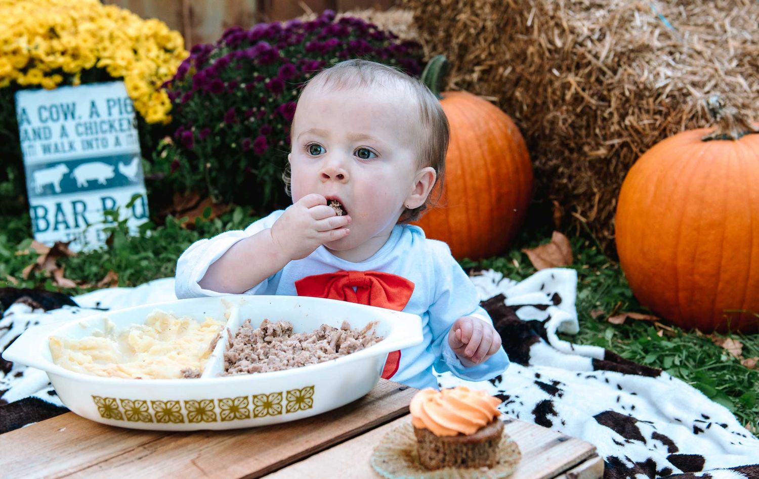 A small child enjoys smeared cake and cupcakes at an outdoor fall setting with pumpkins and yellow mums.