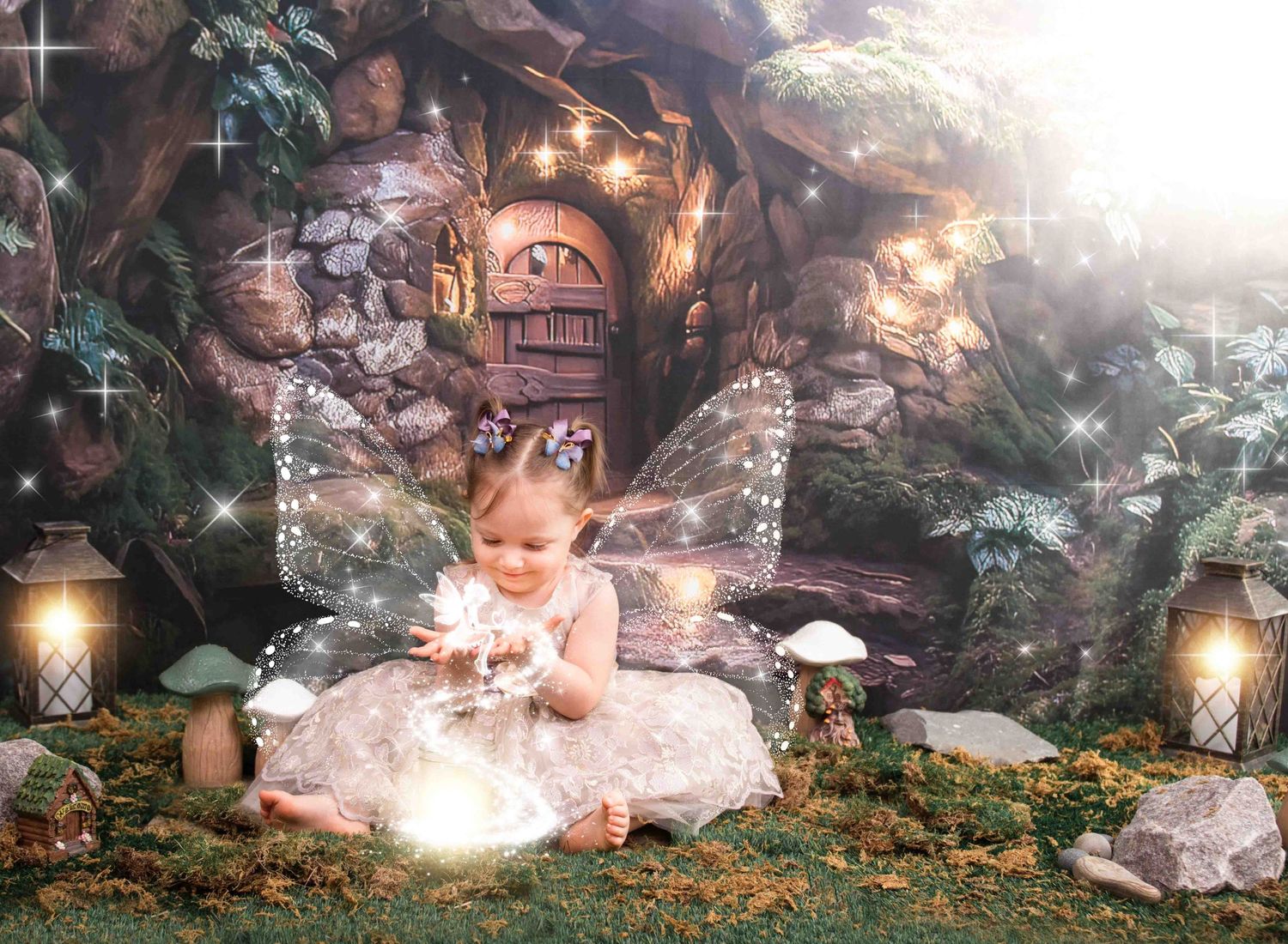 Enchanted fairy garden scene with glowing lanterns, mushrooms, and whimsical decor in a magical forest setting.