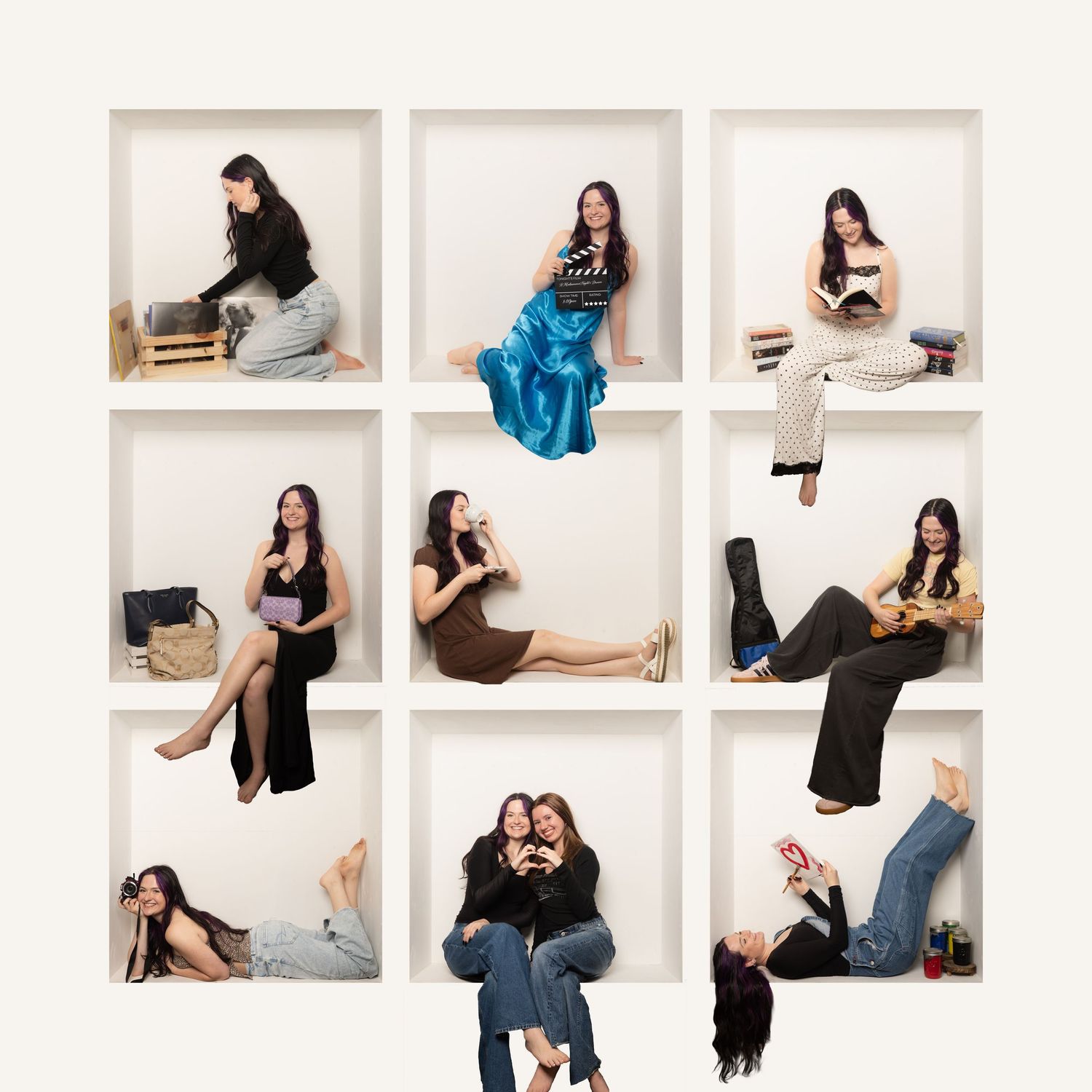 Grid collage of artistic portrait photos showing poses with books and casual lounging against white studio backdrop.