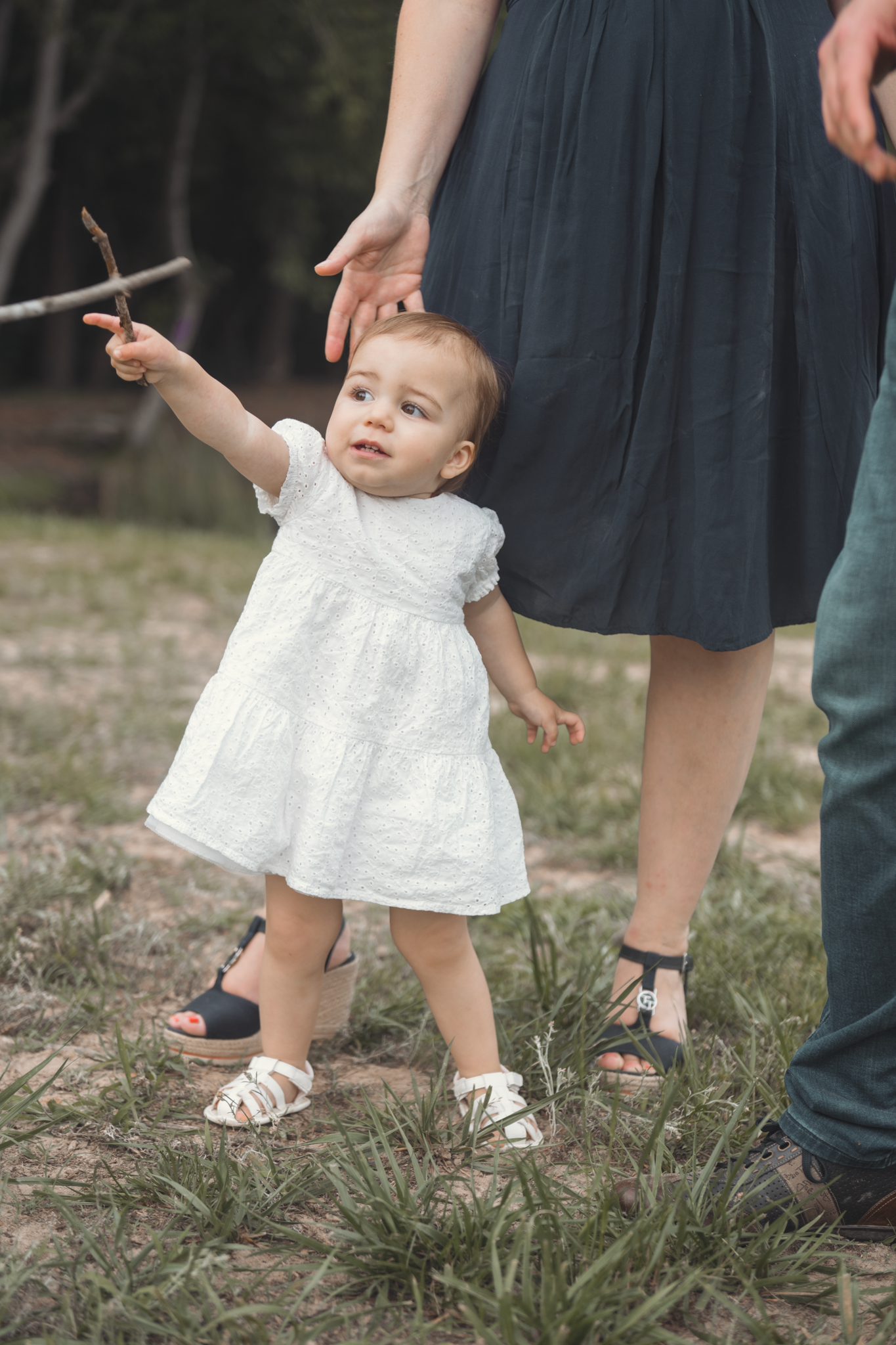 Series of photos showing small child in white dress learning to walk with parental support on grassy ground.