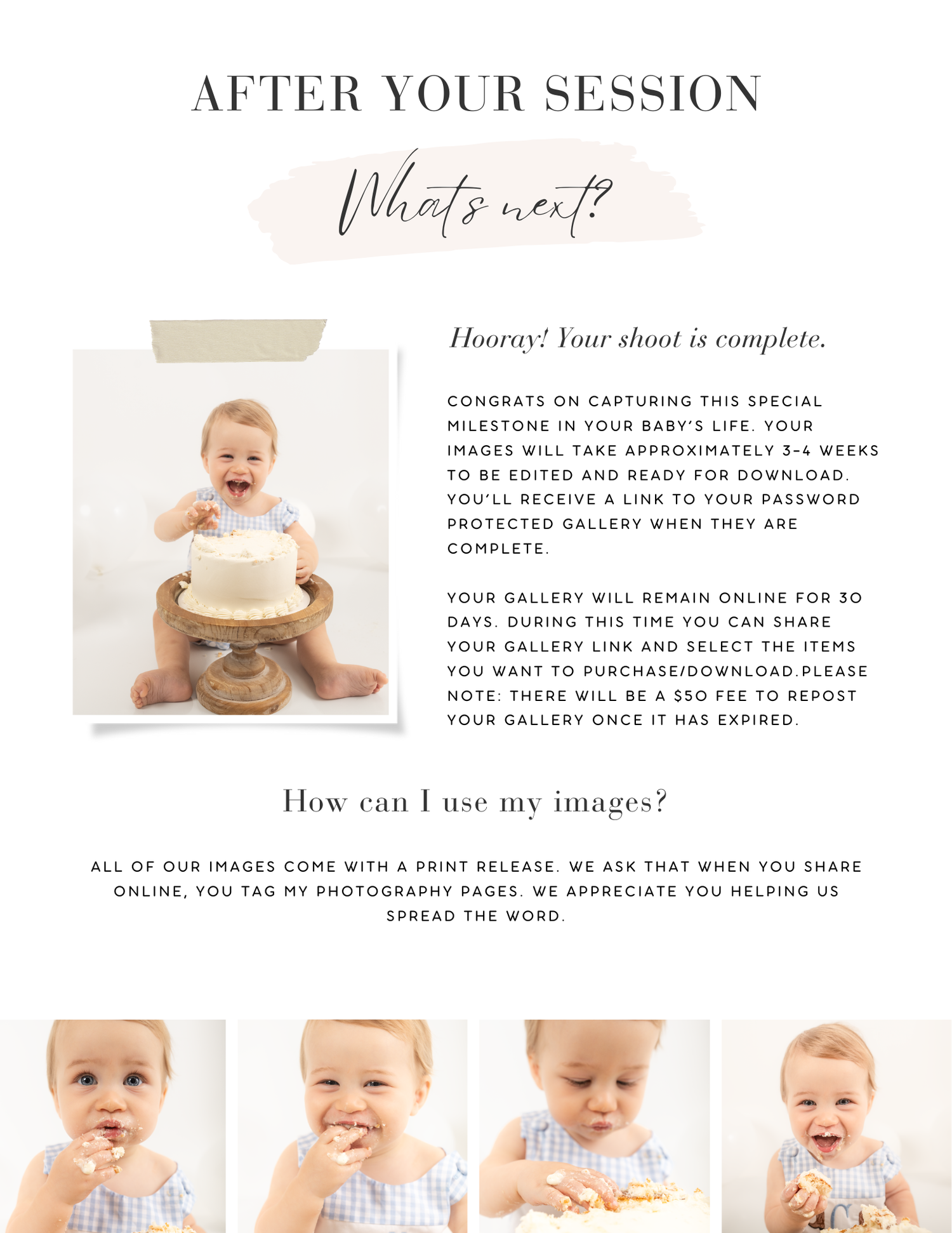 A light colored photography website mockup showing a gallery layout with baby portraits and session information.
