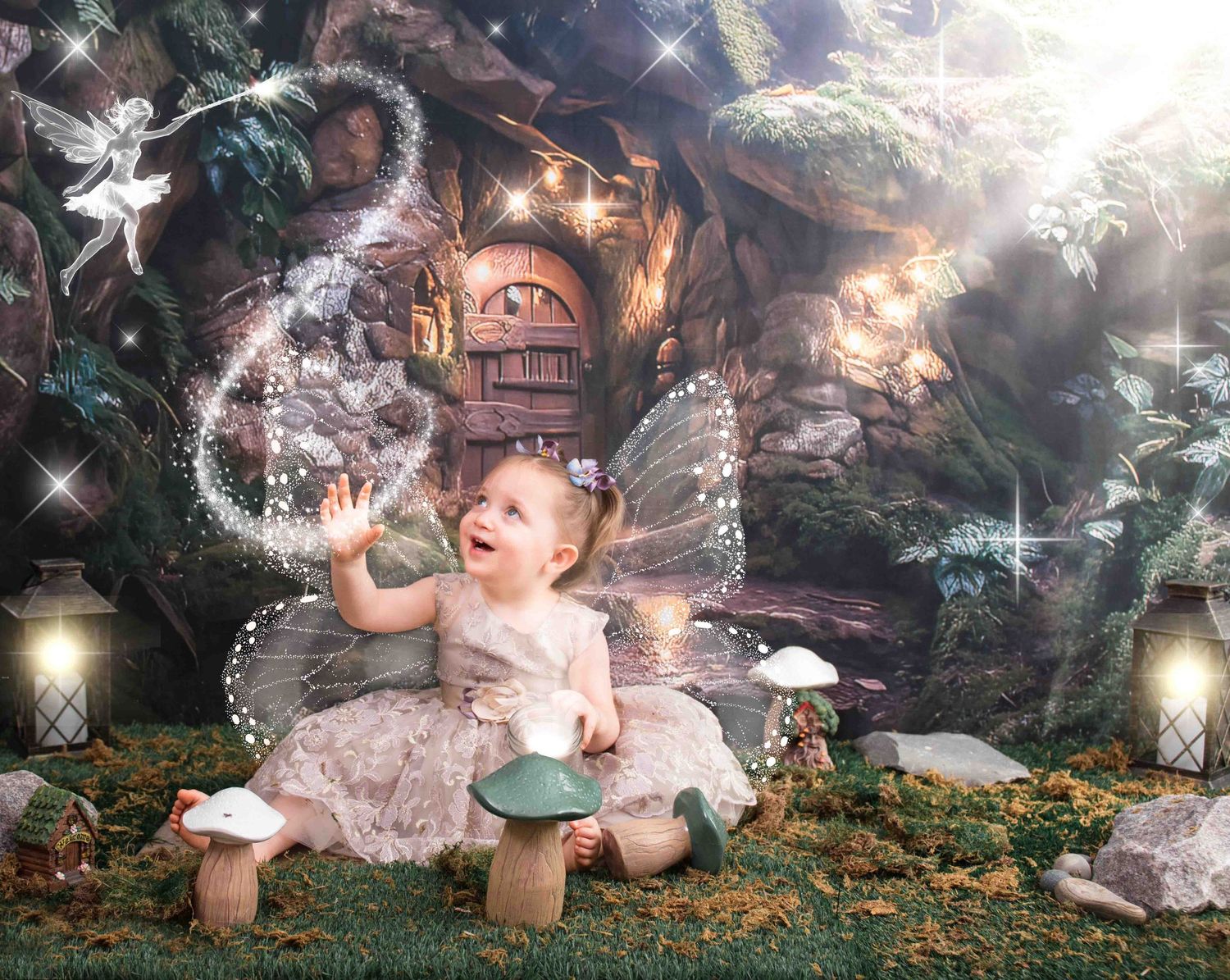 Magical fairy woodland scene with glowing lanterns and sparkles around a whimsical cottage in a forest setting.