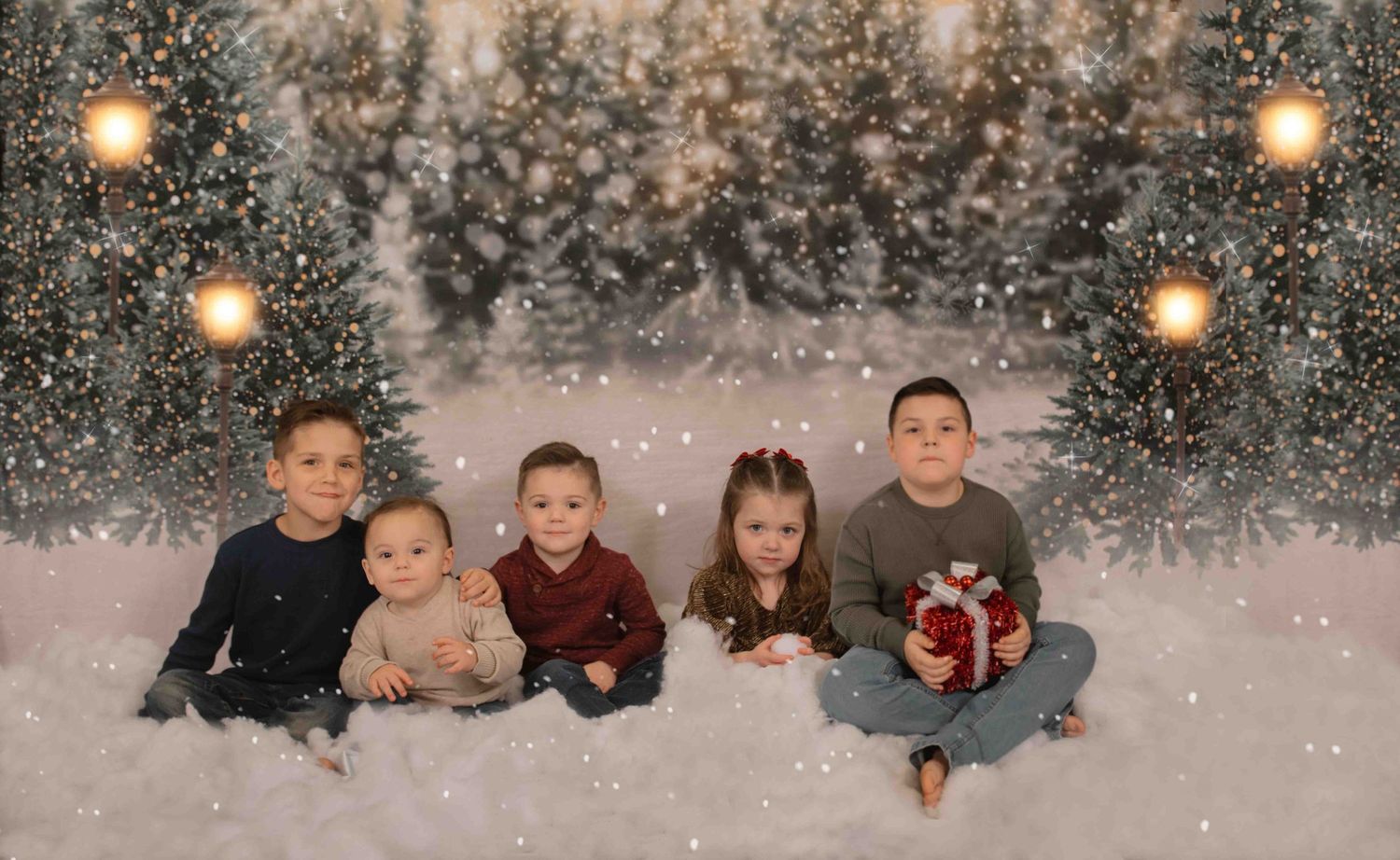 Five children sit together in a wintry scene with snow, pine trees and glowing lights in the background.