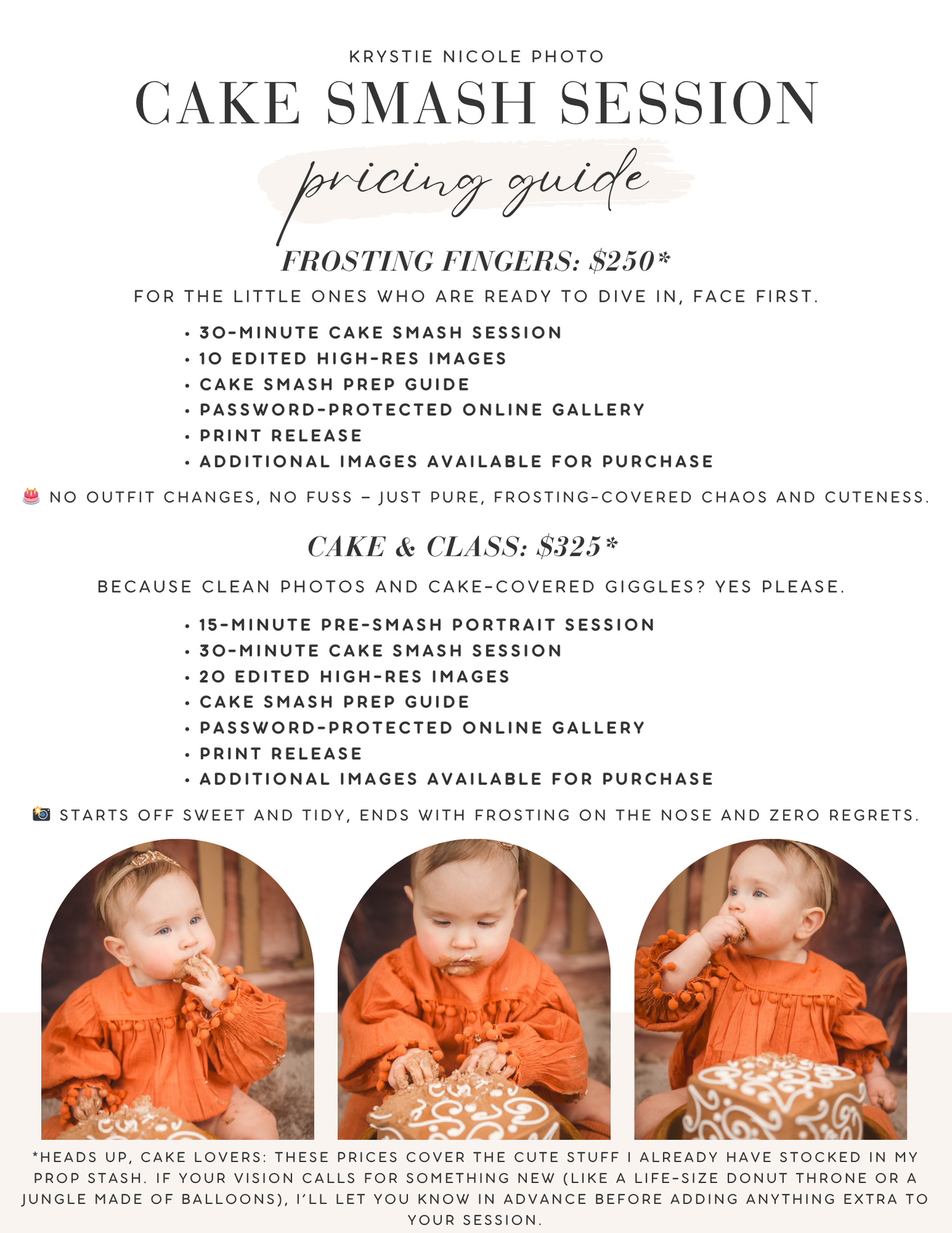 Advertisement for cake smash photo sessions showing a pricing flyer with three matching images of a cake experience.
