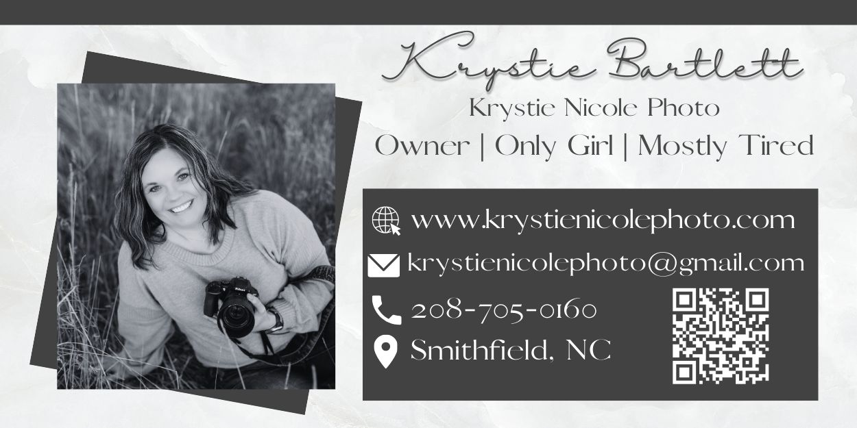 Black and white business card design featuring contact information and QR code for Krystie Nicole Photo in Smithfield, NC.